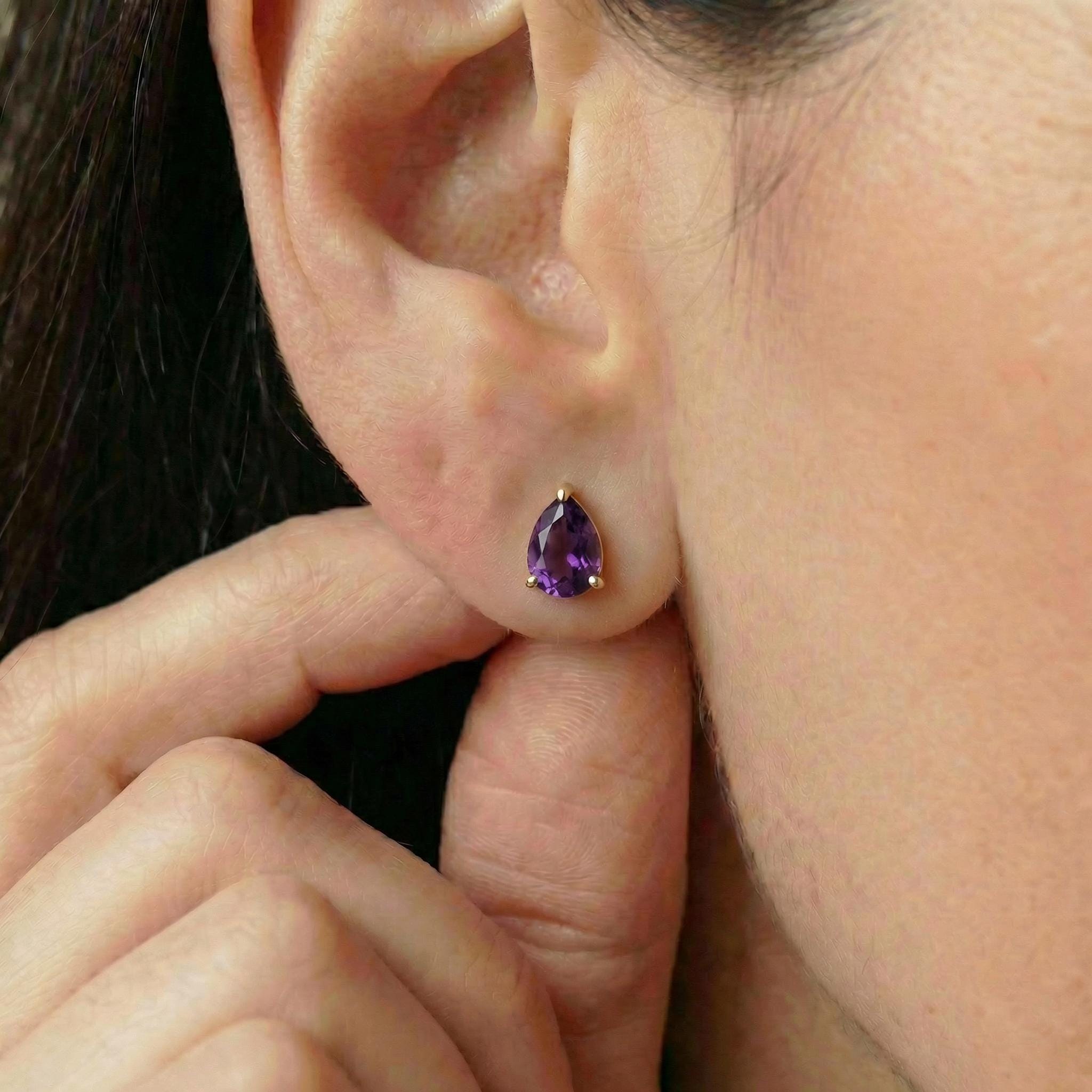 Amethyst Pear Cut Stud Earrings in Gold | Dainty Purple Gemstone Everyday Fine Jewelry | February Birthstone Gift