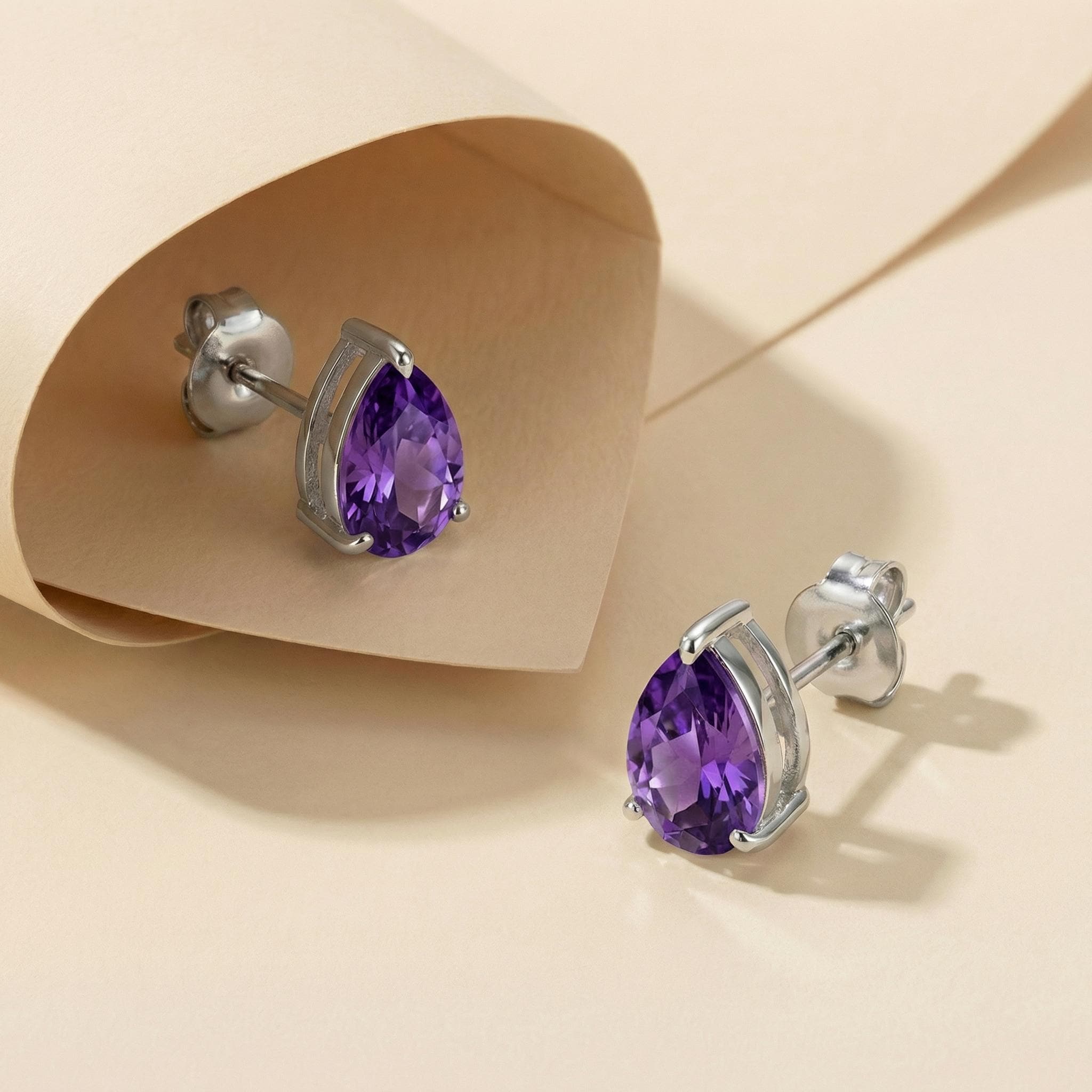 Amethyst Pear Cut Stud Earrings in Gold | Dainty Purple Gemstone Everyday Fine Jewelry | February Birthstone Gift