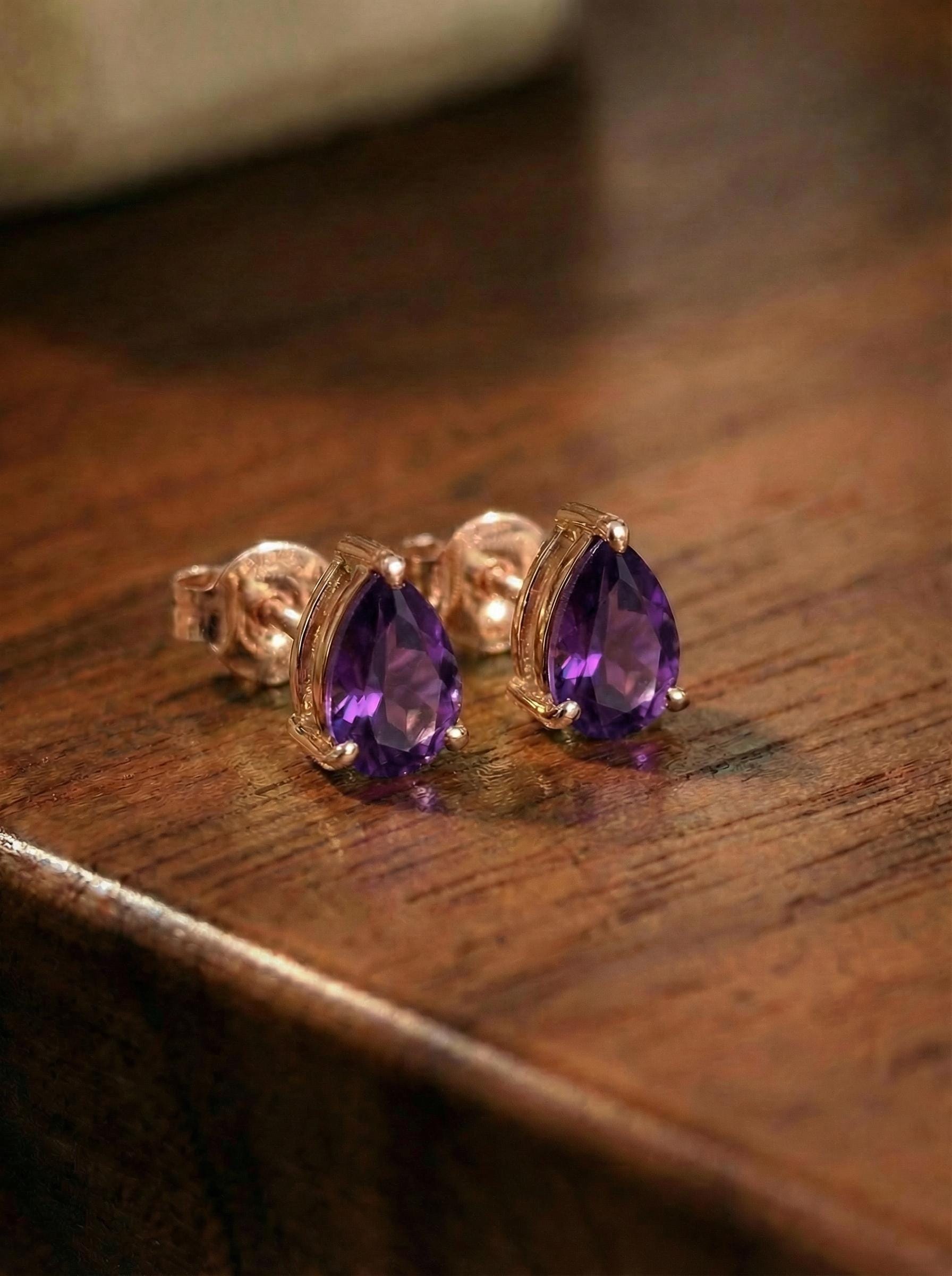 Amethyst Pear Cut Stud Earrings in Gold | Dainty Purple Gemstone Everyday Fine Jewelry | February Birthstone Gift