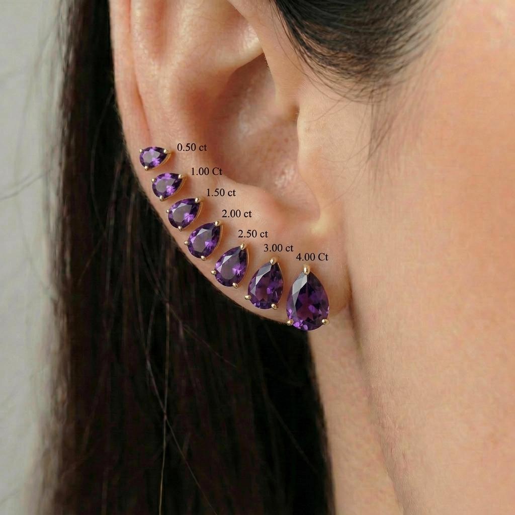 Amethyst Pear Cut Stud Earrings in Gold | Dainty Purple Gemstone Everyday Fine Jewelry | February Birthstone Gift