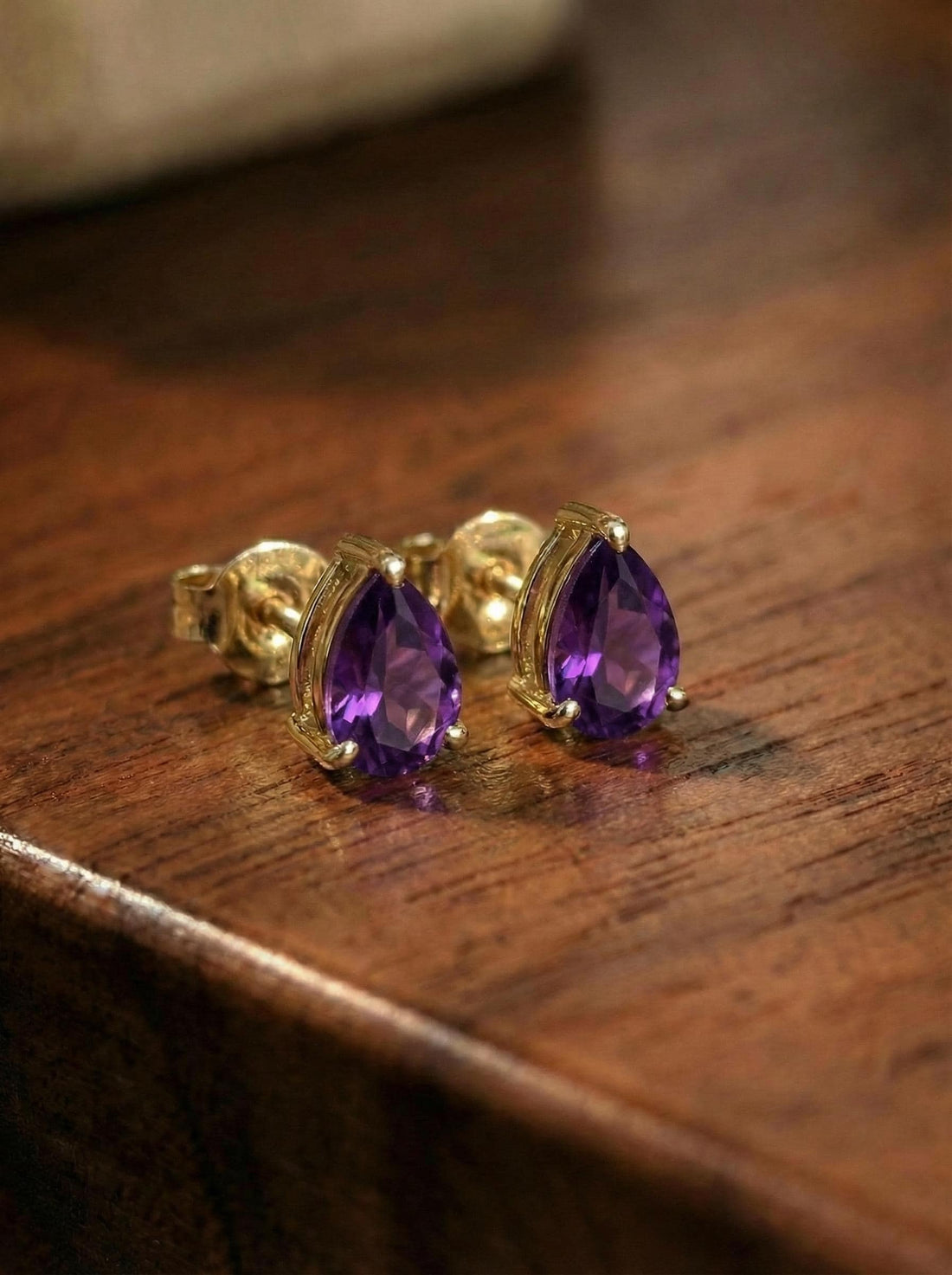 Amethyst Pear Cut Stud Earrings in Gold | Dainty Purple Gemstone Everyday Fine Jewelry | February Birthstone Gift