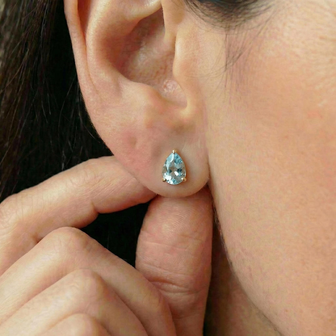 Dainty Pear Cut Aquamarine Stud Earrings in Gold | Teardrop Blue Gemstone Birthstone Jewelry | March Birthstone Gift for Her | Minimalist Ev
