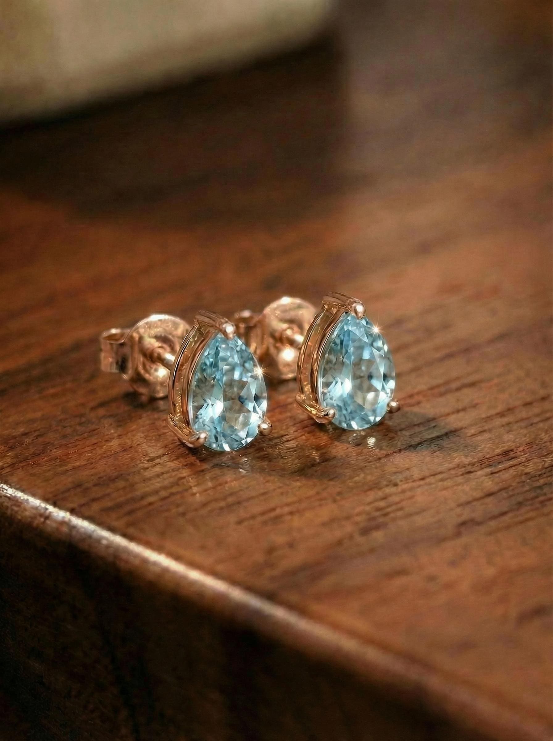 Dainty Pear Cut Aquamarine Stud Earrings in Gold | Teardrop Blue Gemstone Birthstone Jewelry | March Birthstone Gift for Her | Minimalist Ev
