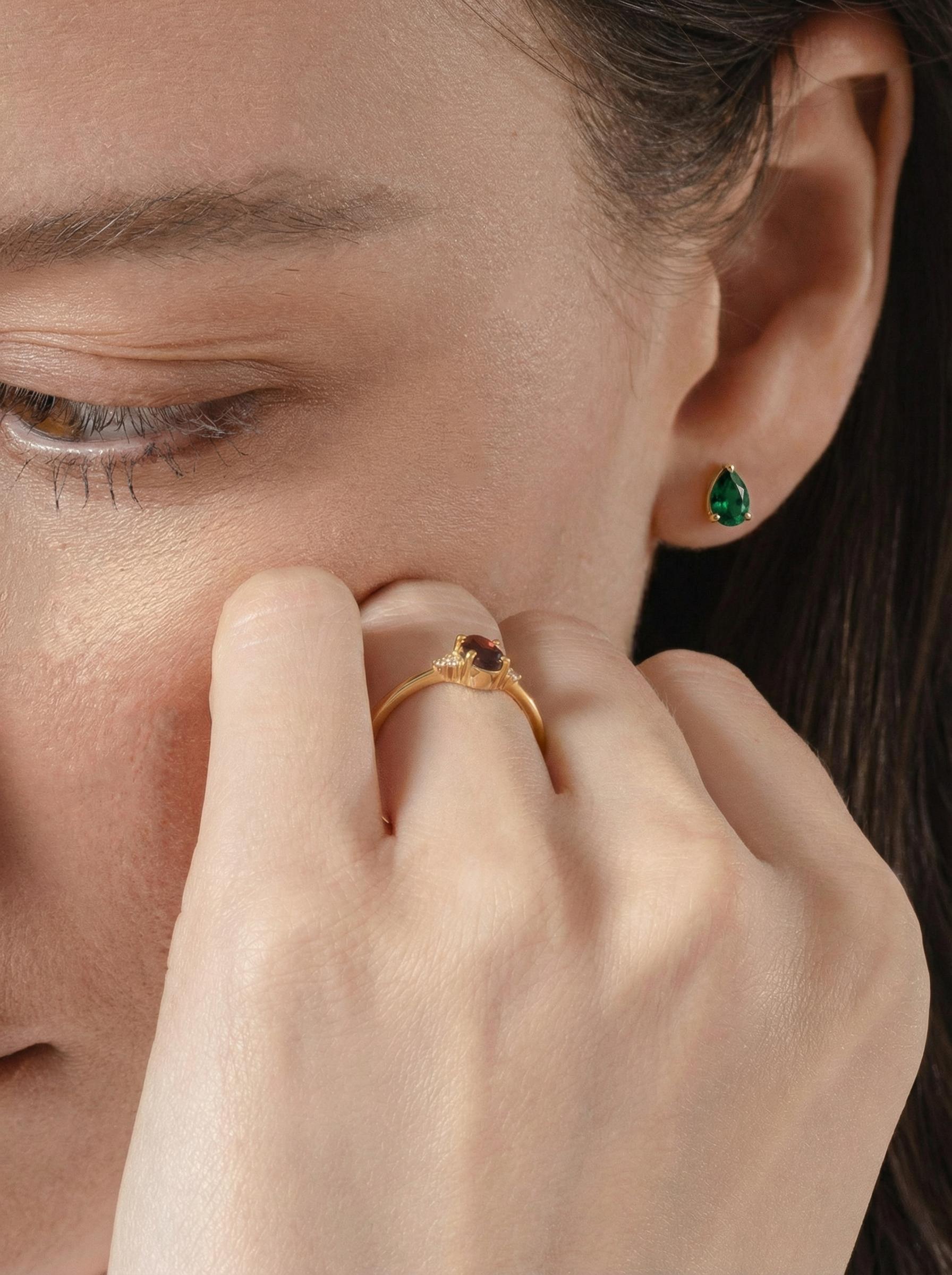 Emerald Teardrop Stud Earrings in Gold | Dainty Pear Cut Gemstone May Birthstone Minimalist Fine Jewelry Gift for Her