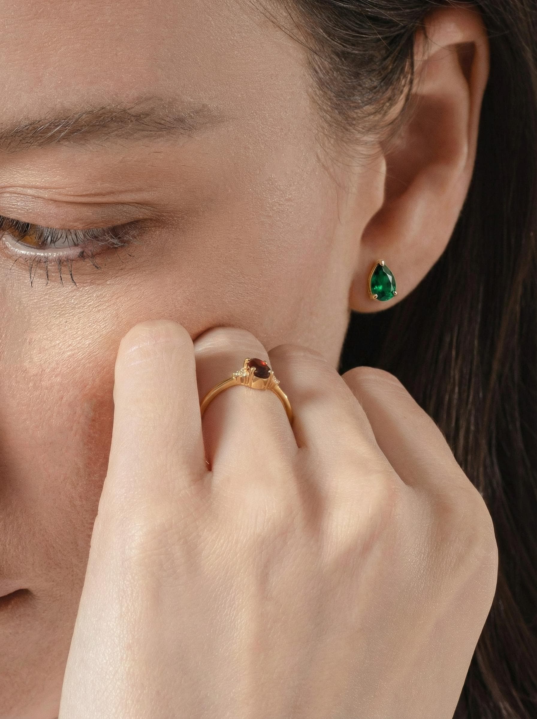 Emerald Teardrop Stud Earrings in Gold | Dainty Pear Cut Gemstone May Birthstone Minimalist Fine Jewelry Gift for Her
