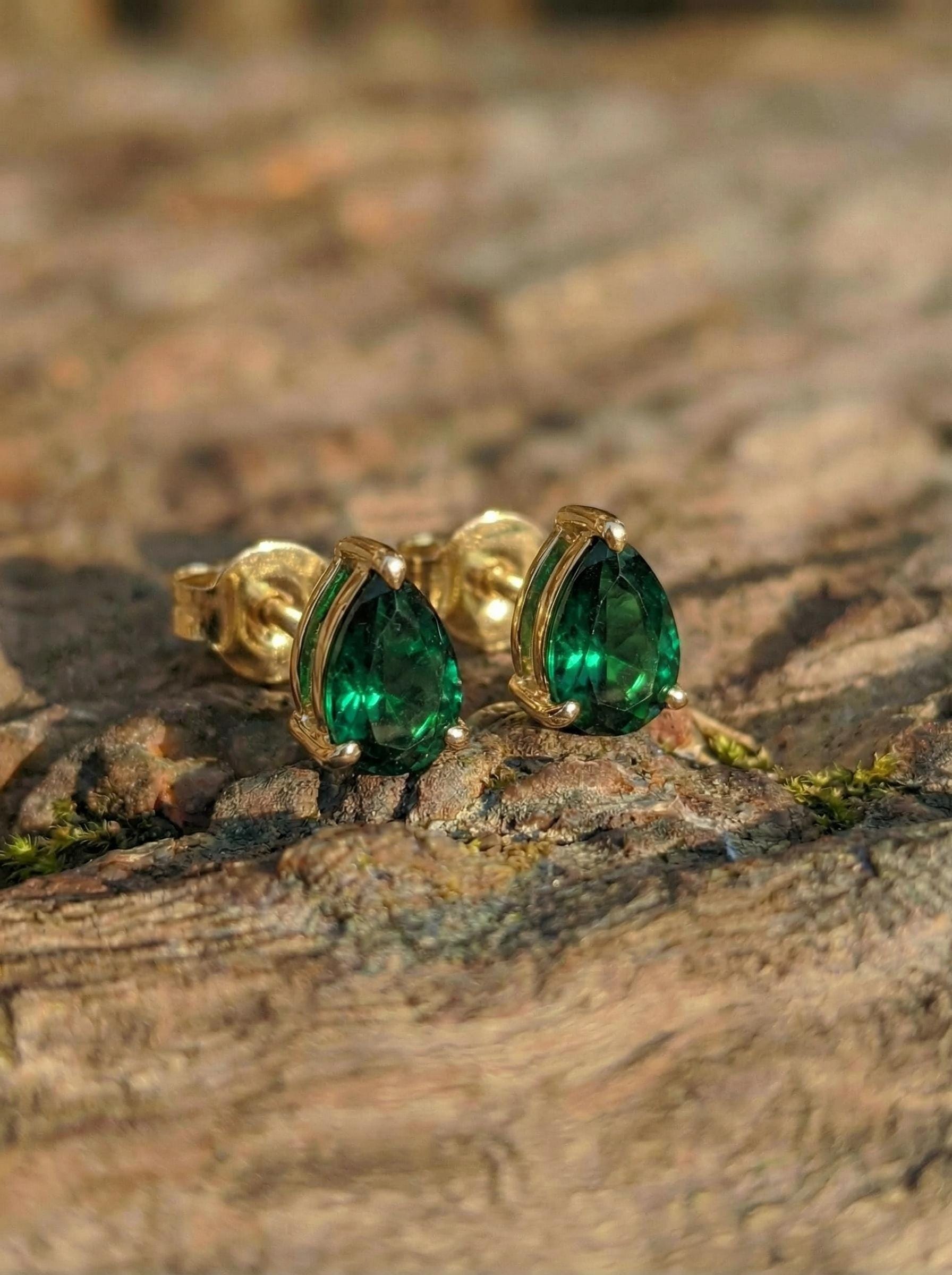 Emerald Teardrop Stud Earrings in Gold | Dainty Pear Cut Gemstone May Birthstone Minimalist Fine Jewelry Gift for Her