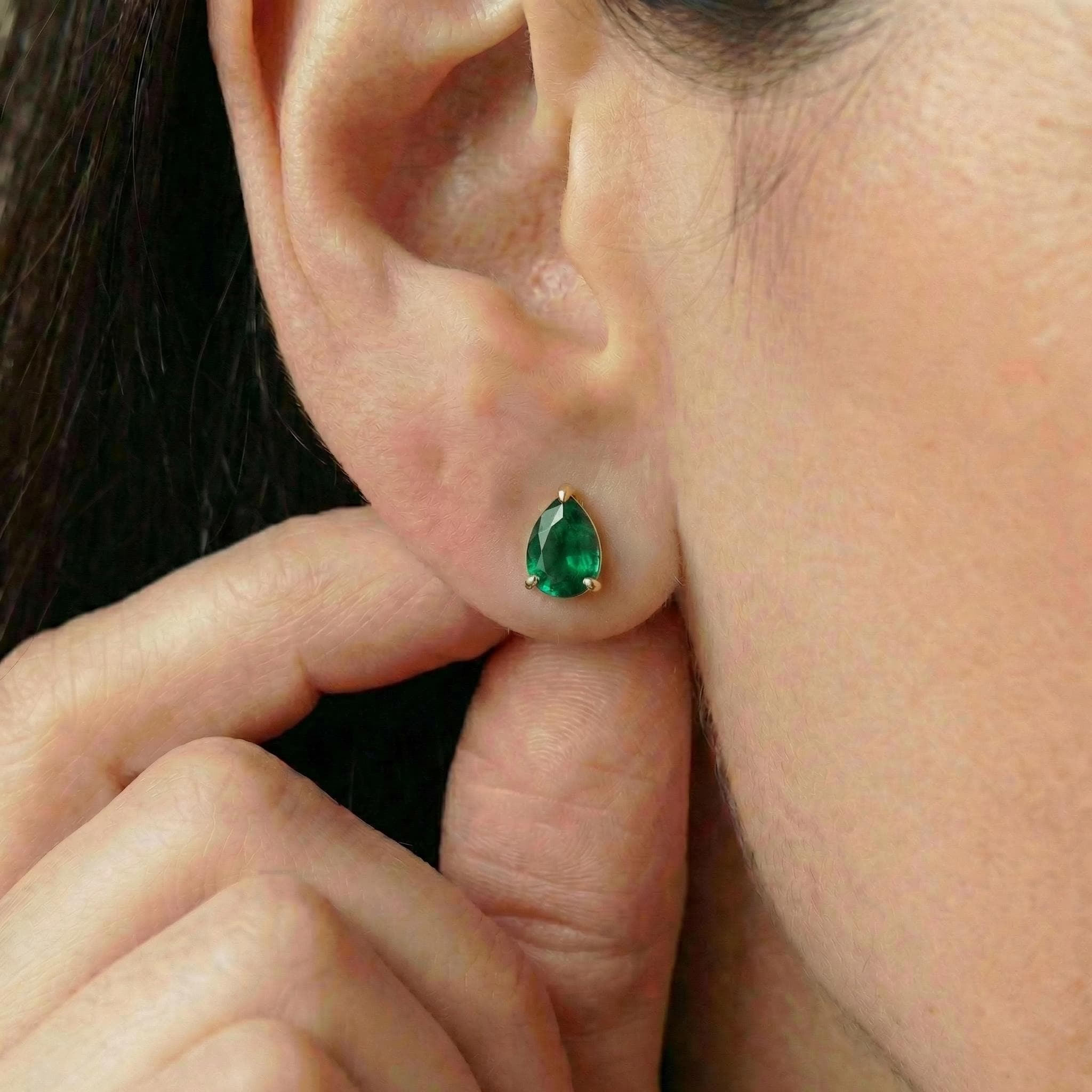 Emerald Teardrop Stud Earrings in Gold | Dainty Pear Cut Gemstone May Birthstone Minimalist Fine Jewelry Gift for Her