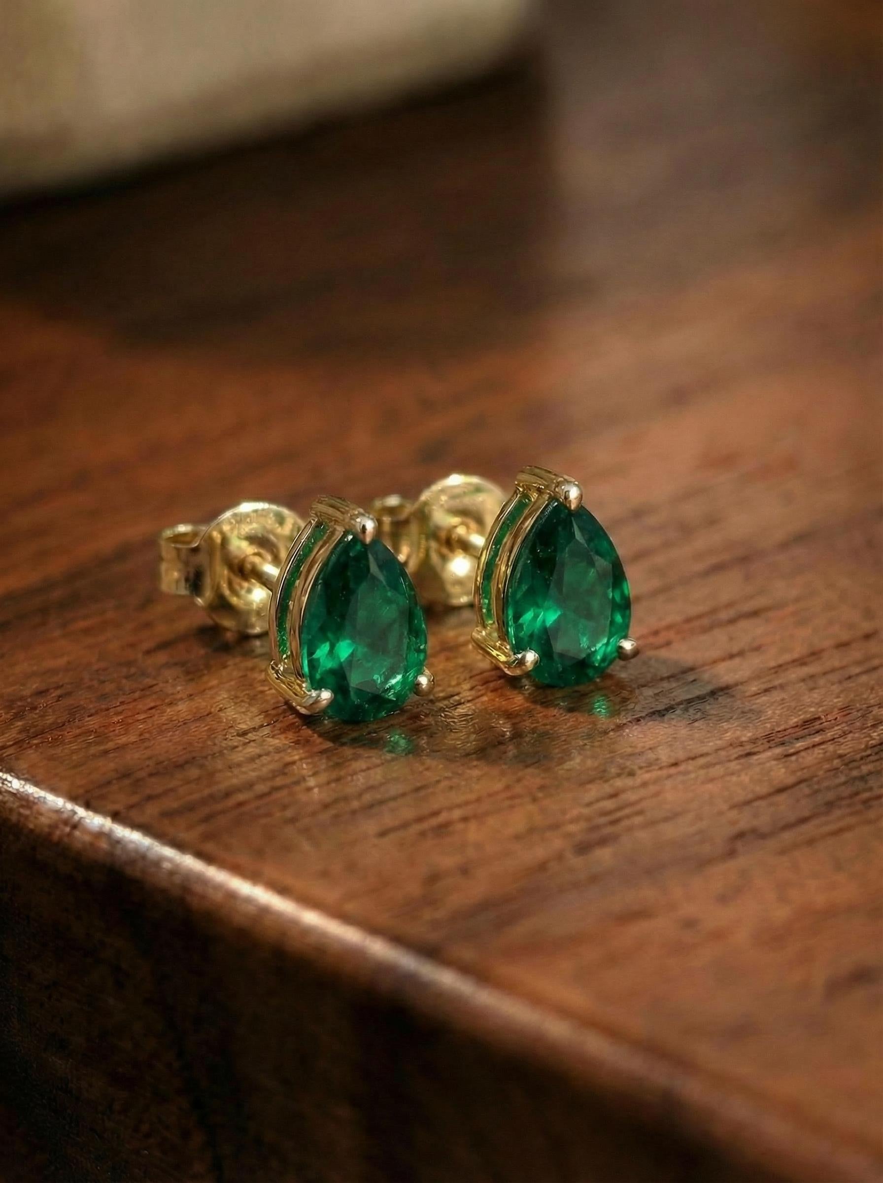 Emerald Teardrop Stud Earrings in Gold | Dainty Pear Cut Gemstone May Birthstone Minimalist Fine Jewelry Gift for Her