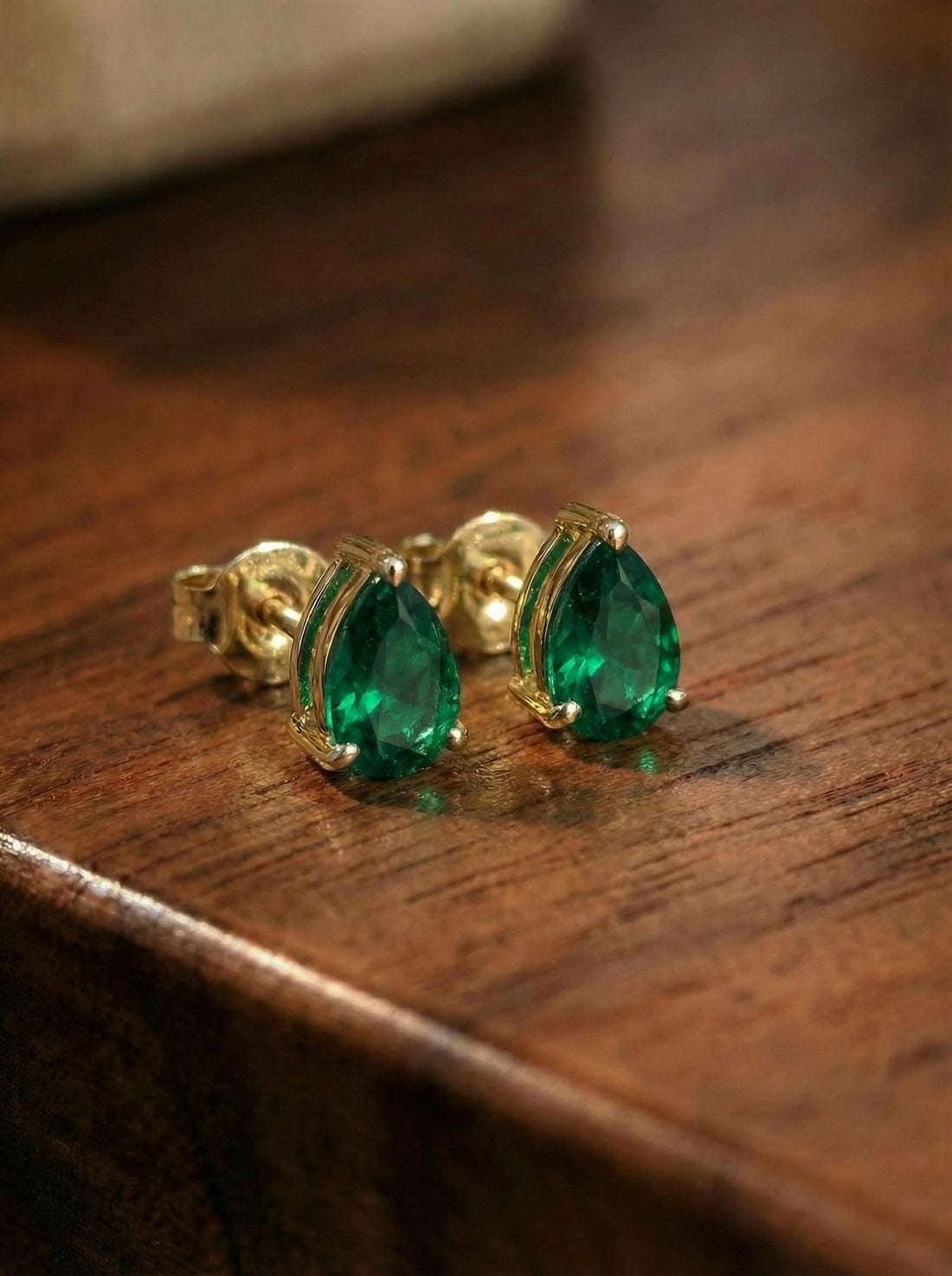 Emerald Teardrop Stud Earrings in Gold | Dainty Pear Cut Gemstone May Birthstone Minimalist Fine Jewelry Gift for Her