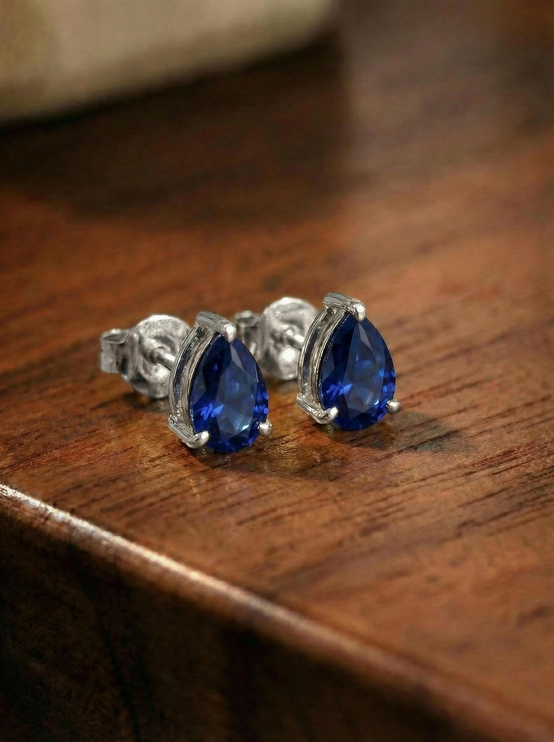 Blue Sapphire Teardrop Stud Earrings - Pear Shape Sapphire Gold Studs - Dainty September Birthstone Everyday Fine Jewelry Gift