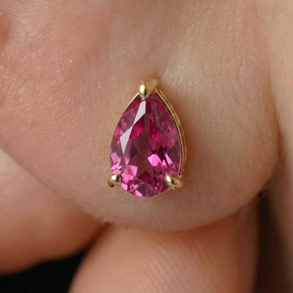 Pink Tourmaline Pear Stud Earrings in 14K Gold | Dainty Teardrop Gemstone Everyday Jewelry | Birthstone Gift for Her