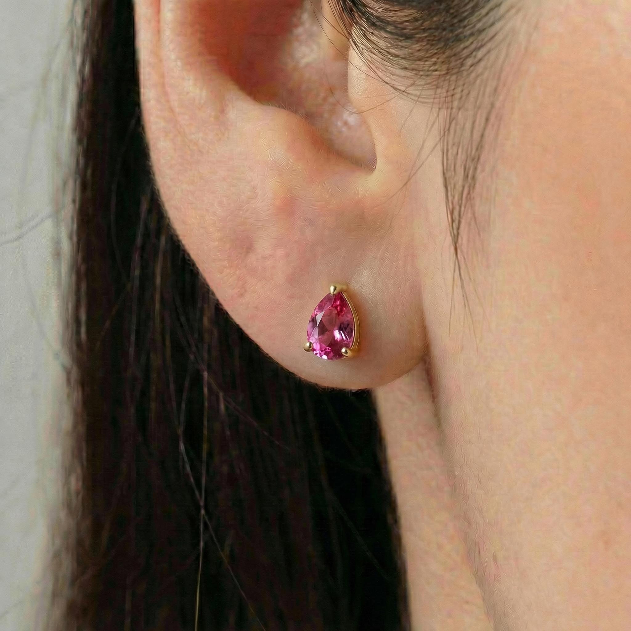 Pink Tourmaline Pear Stud Earrings in 14K Gold | Dainty Teardrop Gemstone Everyday Jewelry | Birthstone Gift for Her