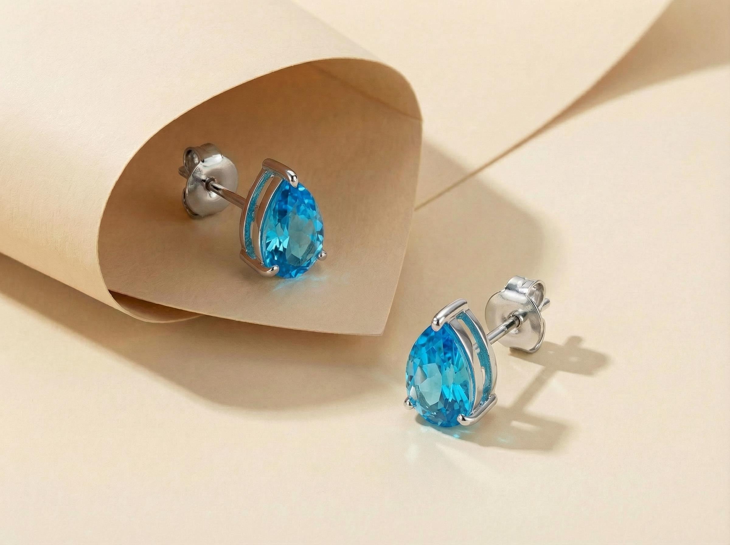 Pear Blue Topaz Stud Earrings in Gold | Dainty Gemstone Teardrop Earrings | December Birthstone Jewelry | Multiple Carat Sizes