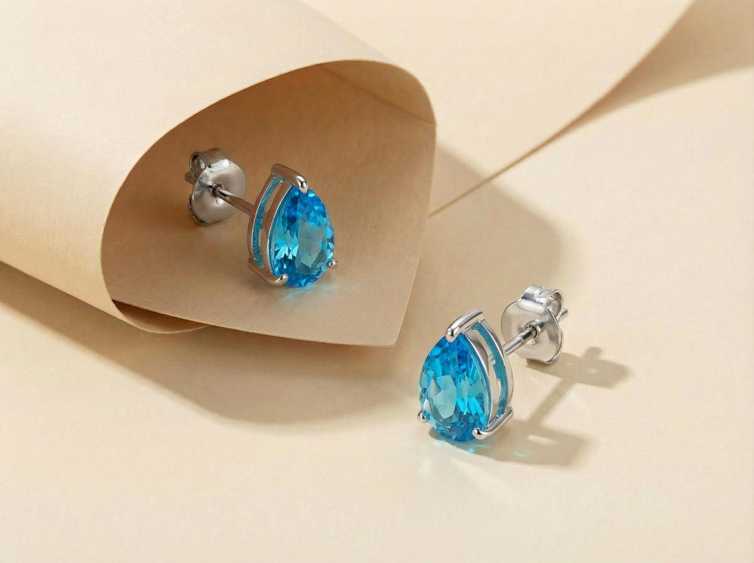 Pear Blue Topaz Stud Earrings in Gold | Dainty Gemstone Teardrop Earrings | December Birthstone Jewelry | Multiple Carat Sizes