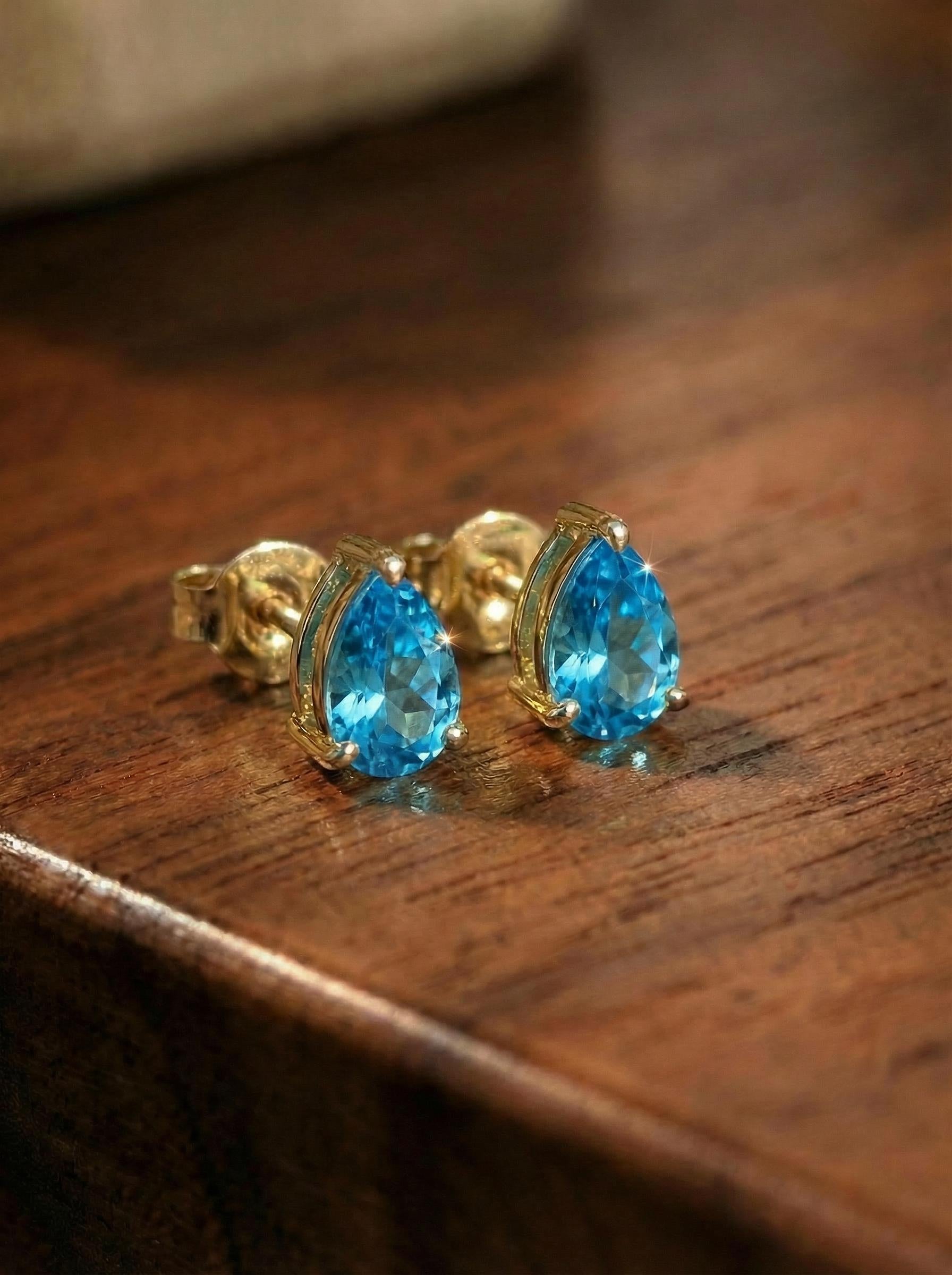 Pear Blue Topaz Stud Earrings in Gold | Dainty Gemstone Teardrop Earrings | December Birthstone Jewelry | Multiple Carat Sizes