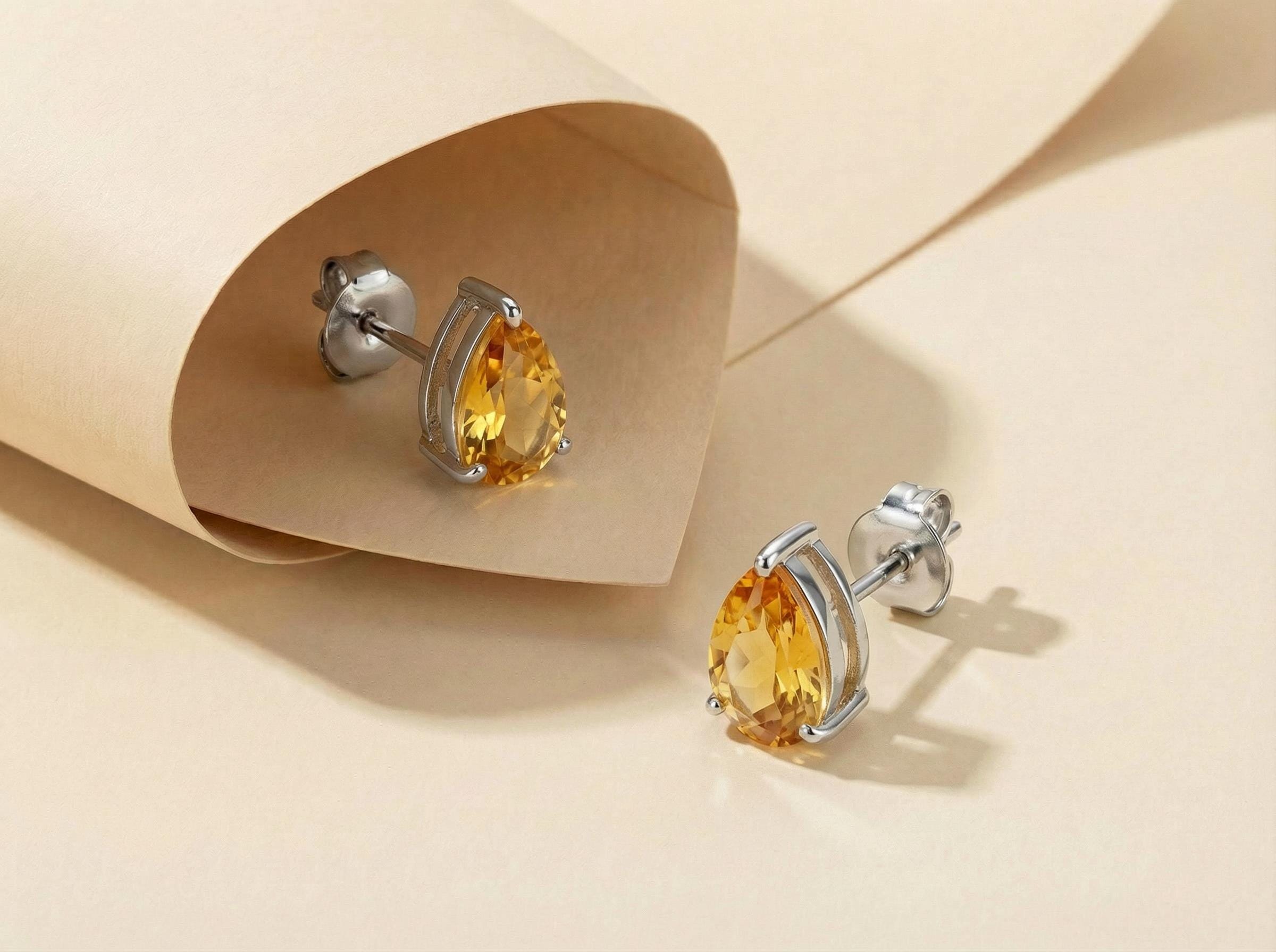 Pear Cut Citrine Stud Earrings | Teardrop Gemstone Studs | November Birthstone Jewelry | Dainty Yellow Gemstone Earrings for Her