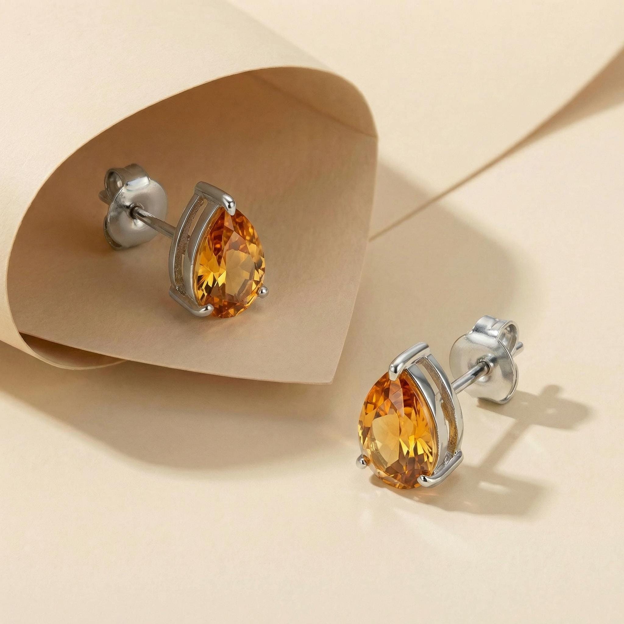 Pear Cut Citrine Stud Earrings | Teardrop Gemstone Studs | November Birthstone Jewelry | Dainty Yellow Gemstone Earrings for Her