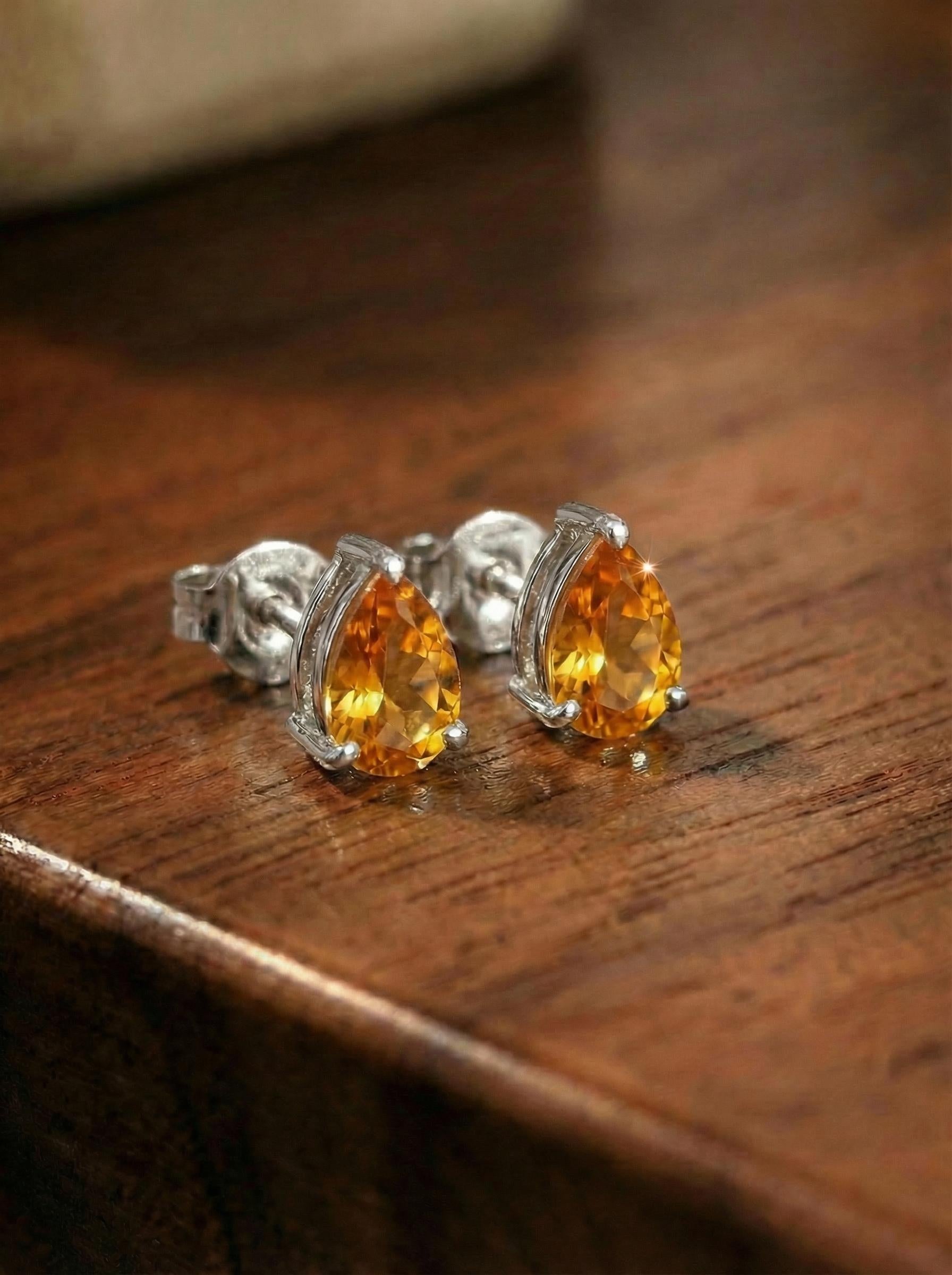 Pear Cut Citrine Stud Earrings | Teardrop Gemstone Studs | November Birthstone Jewelry | Dainty Yellow Gemstone Earrings for Her