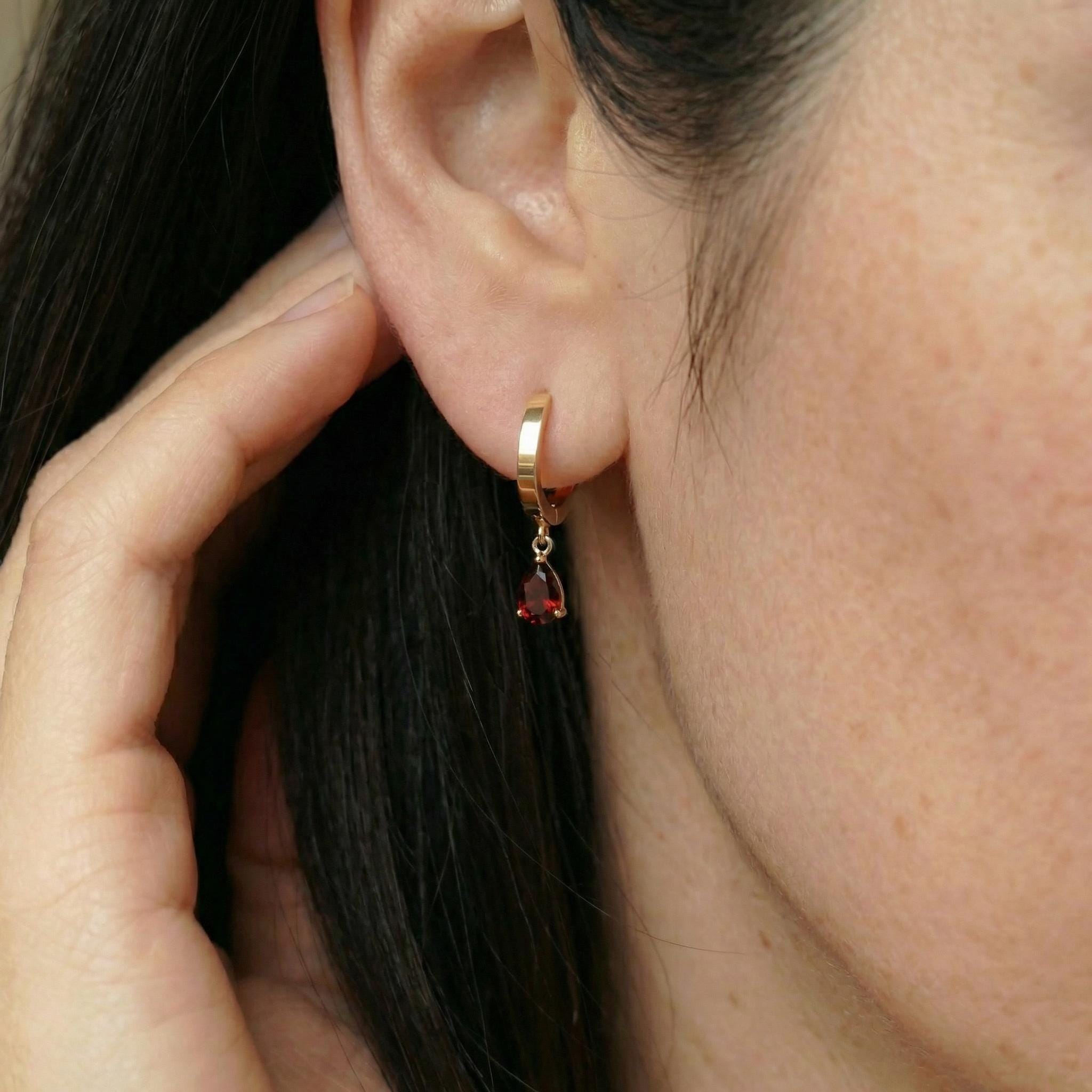Elegant Gold Garnet Teardrop Dangle Hoop Earrings | January Birthstone Jewelry | Delicate Minimalist Gemstone Huggie Hoops Gift