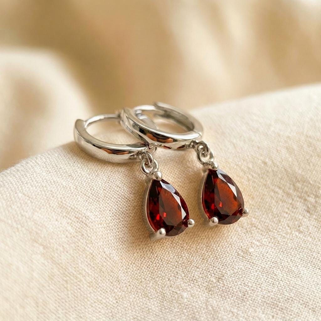 Elegant Gold Garnet Teardrop Dangle Hoop Earrings | January Birthstone Jewelry | Delicate Minimalist Gemstone Huggie Hoops Gift