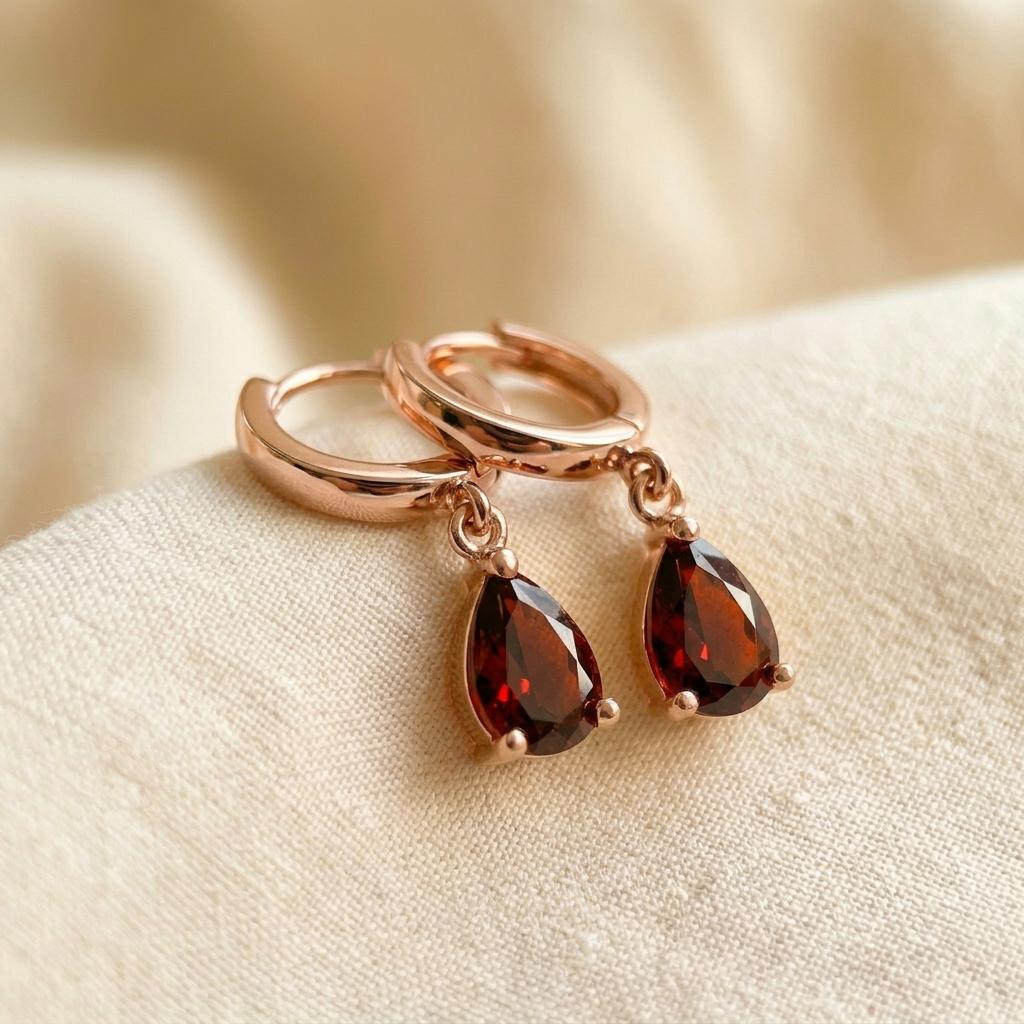 Elegant Gold Garnet Teardrop Dangle Hoop Earrings | January Birthstone Jewelry | Delicate Minimalist Gemstone Huggie Hoops Gift