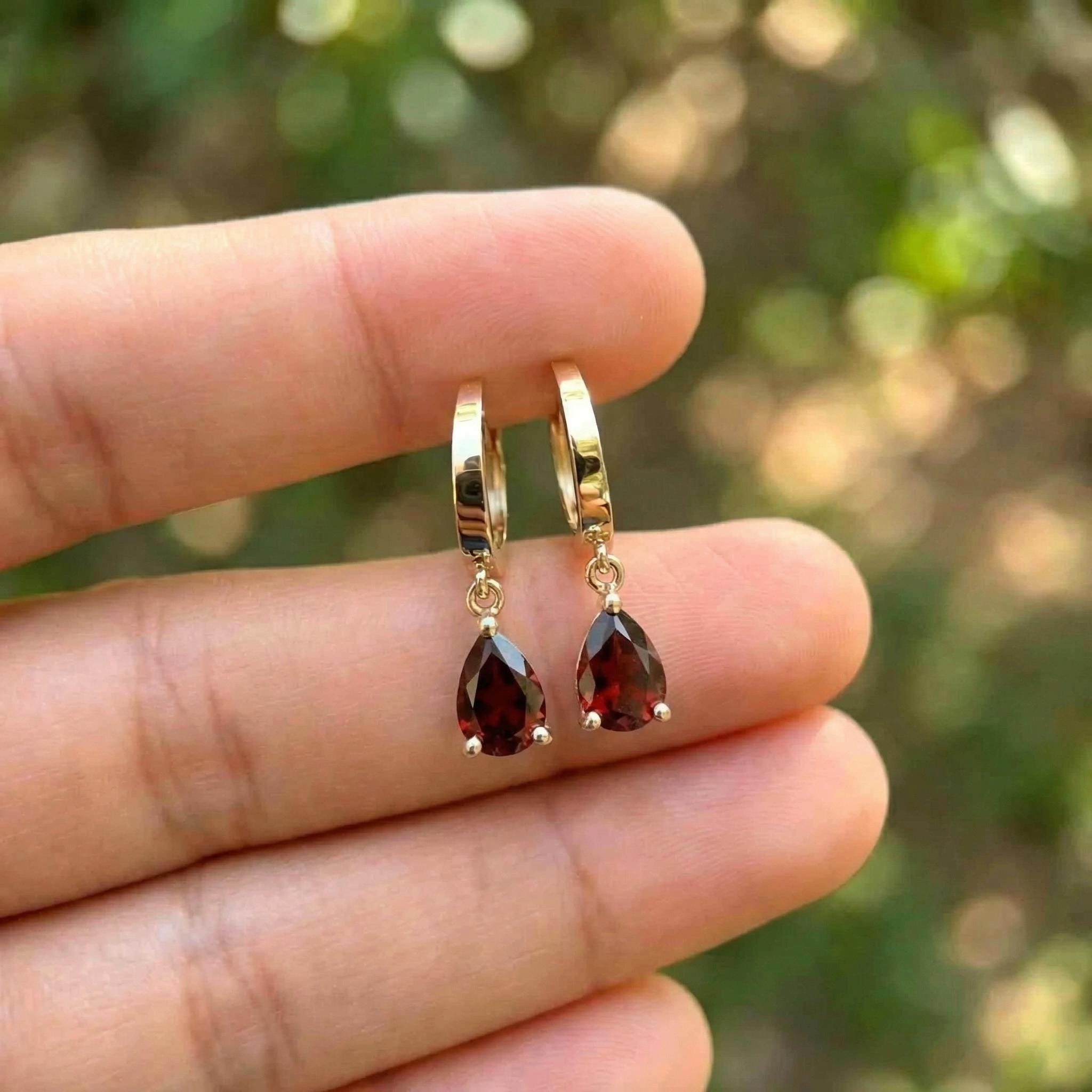 Elegant Gold Garnet Teardrop Dangle Hoop Earrings | January Birthstone Jewelry | Delicate Minimalist Gemstone Huggie Hoops Gift