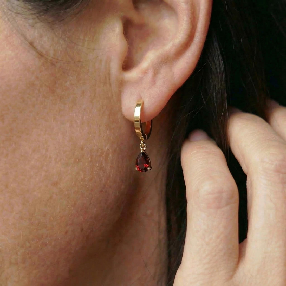 Elegant Gold Garnet Teardrop Dangle Hoop Earrings | January Birthstone Jewelry | Delicate Minimalist Gemstone Huggie Hoops Gift