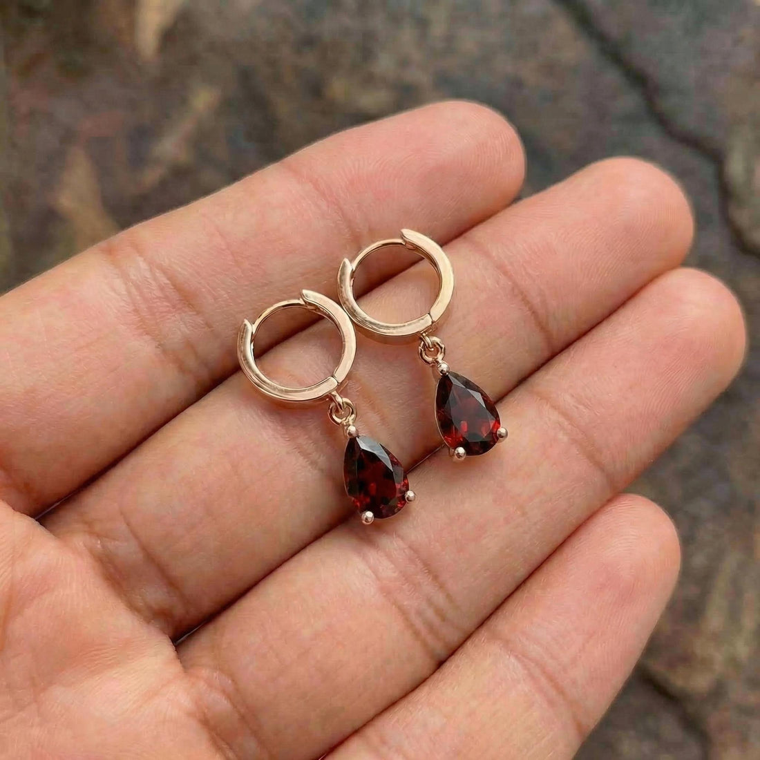 Elegant Gold Garnet Teardrop Dangle Hoop Earrings | January Birthstone Jewelry | Delicate Minimalist Gemstone Huggie Hoops Gift
