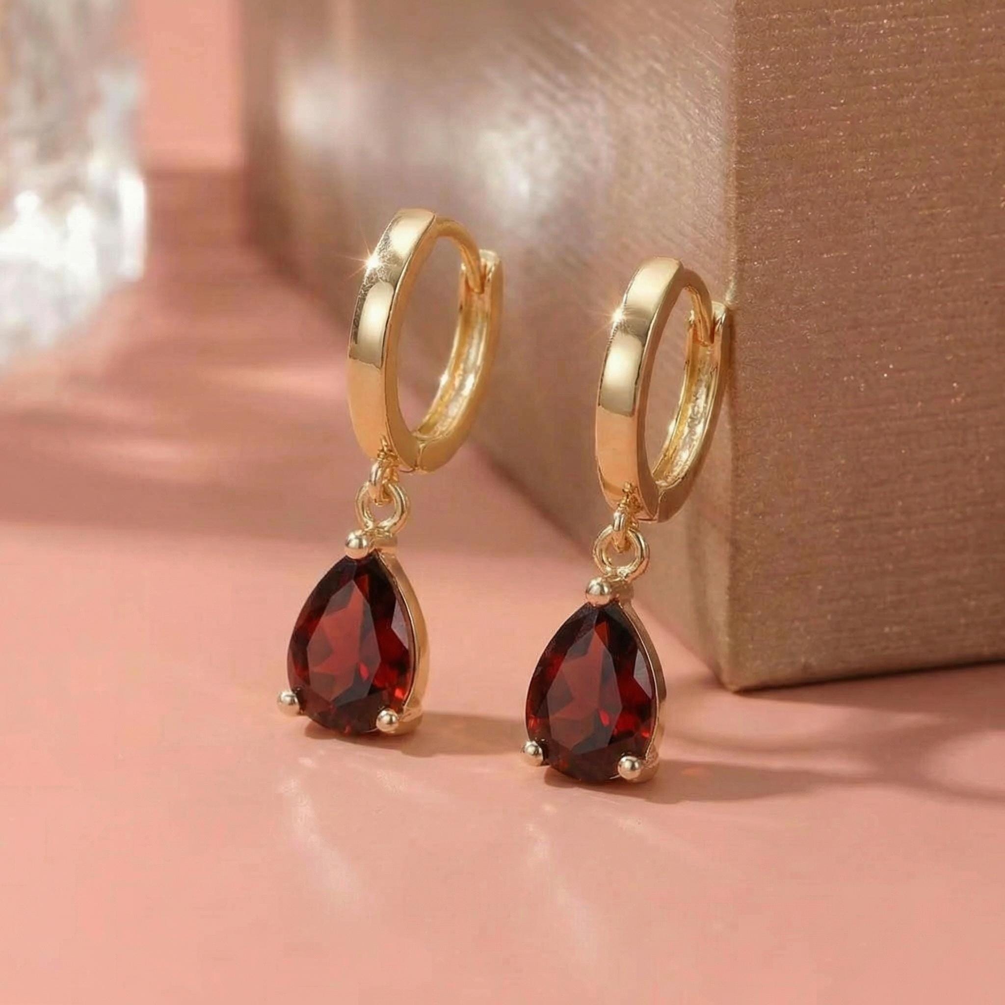 Elegant Gold Garnet Teardrop Dangle Hoop Earrings | January Birthstone Jewelry | Delicate Minimalist Gemstone Huggie Hoops Gift