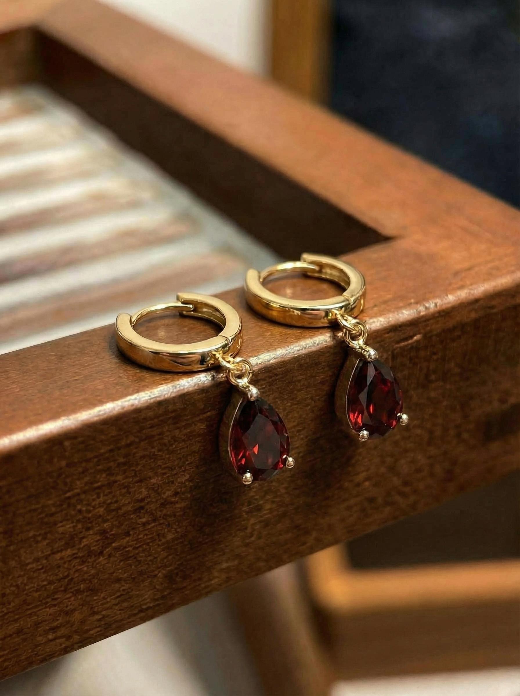 Elegant Gold Garnet Teardrop Dangle Hoop Earrings | January Birthstone Jewelry | Delicate Minimalist Gemstone Huggie Hoops Gift