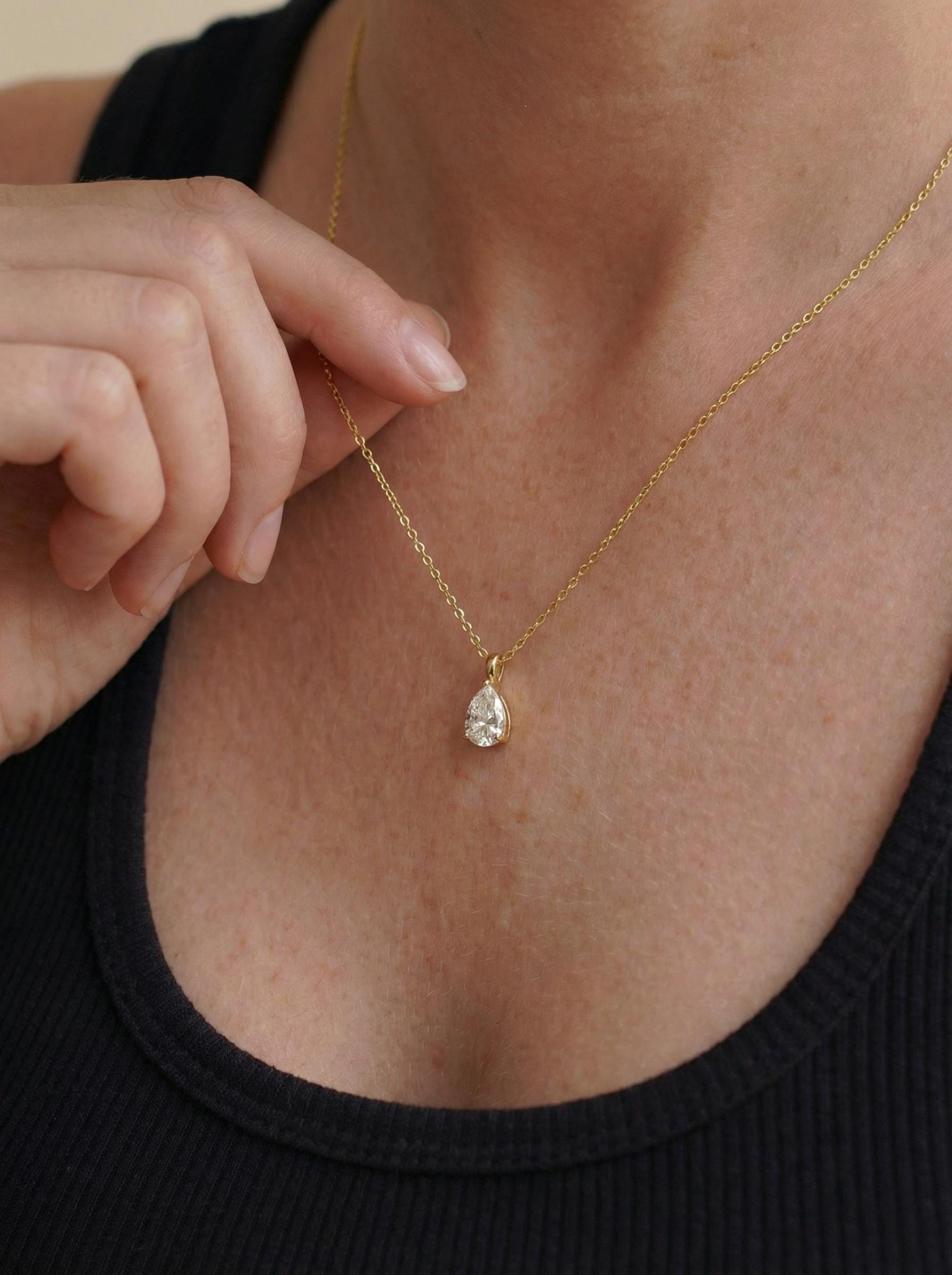 Pear Cut Moissanite Solitaire Necklace | 14K Gold Moissanite Necklace for Women | Delicate Wedding Anniversary Gift for Her