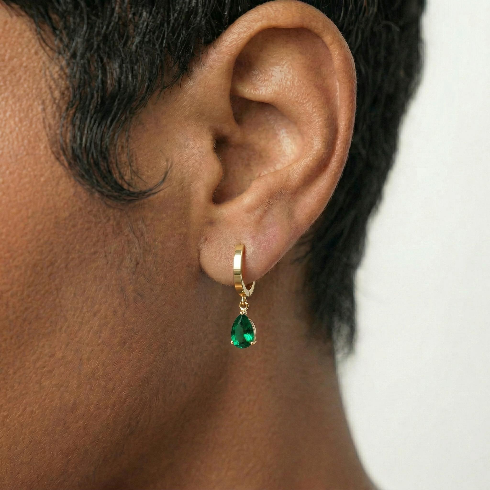 Emerald Green Teardrop Dangle Hoop Earrings | Sterling Silver | Minimalist Elegant Gemstone Drop Earrings | Gift for Her