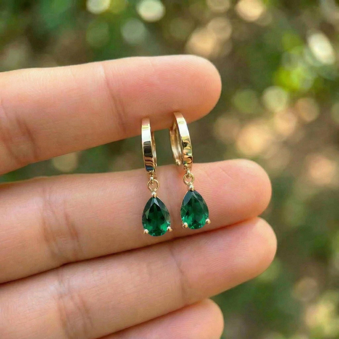 Emerald Green Teardrop Dangle Hoop Earrings | Sterling Silver | Minimalist Elegant Gemstone Drop Earrings | Gift for Her