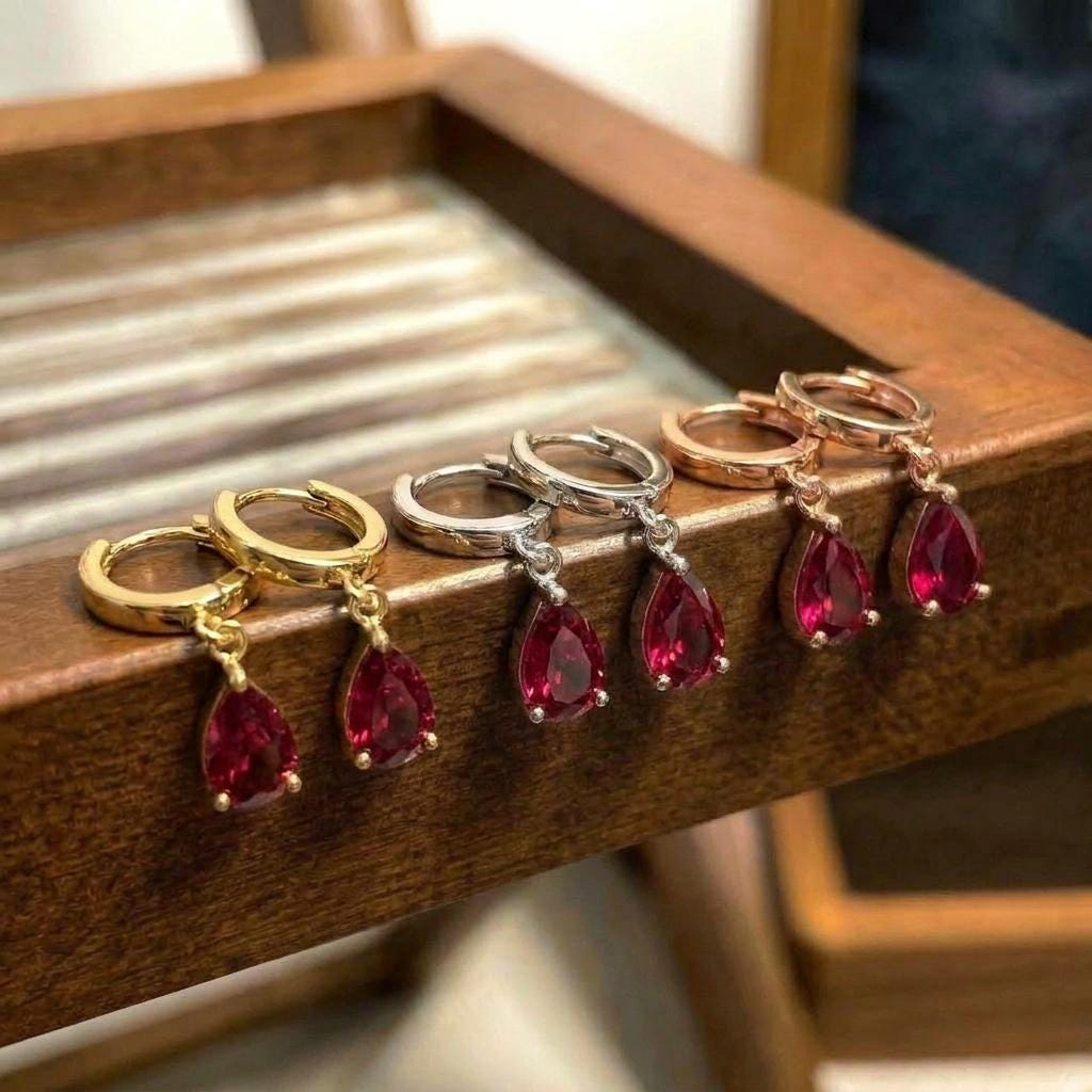 Delicate Gold Hoop Earrings with Ruby Red Teardrop Dangle | Minimalist Huggie Hoops | Elegant Gemstone Drop Earrings | Gift for Her