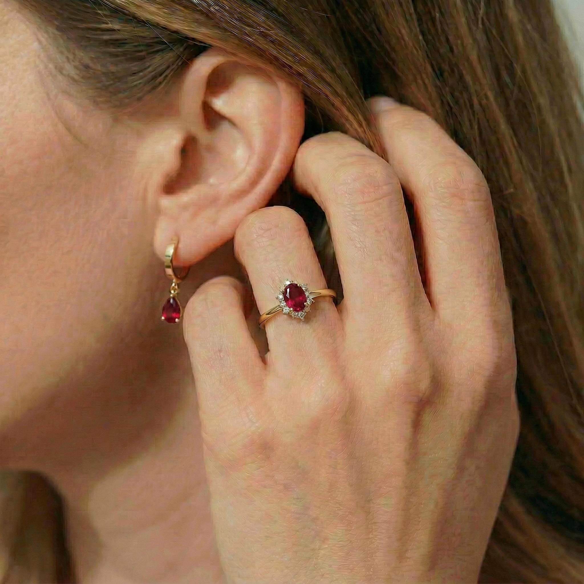 Delicate Gold Hoop Earrings with Ruby Red Teardrop Dangle | Minimalist Huggie Hoops | Elegant Gemstone Drop Earrings | Gift for Her