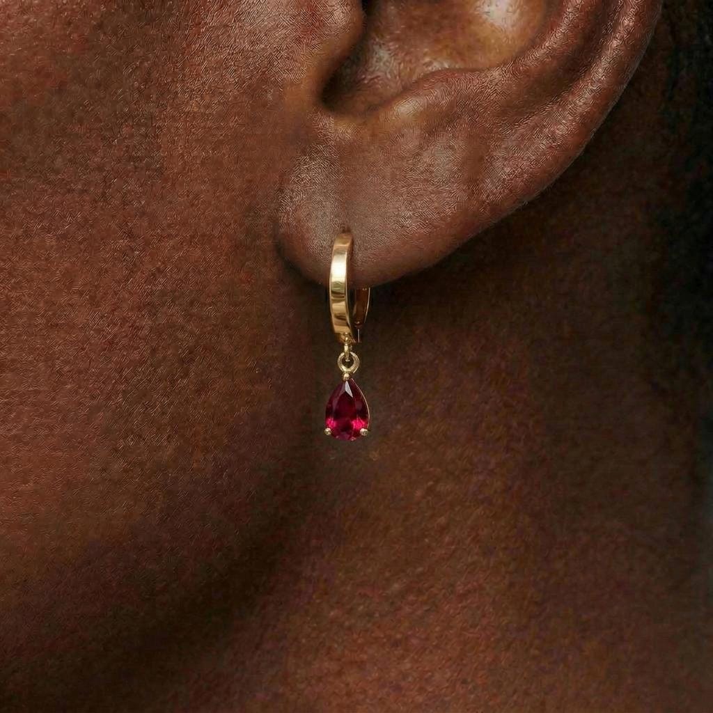 Delicate Gold Hoop Earrings with Ruby Red Teardrop Dangle | Minimalist Huggie Hoops | Elegant Gemstone Drop Earrings | Gift for Her