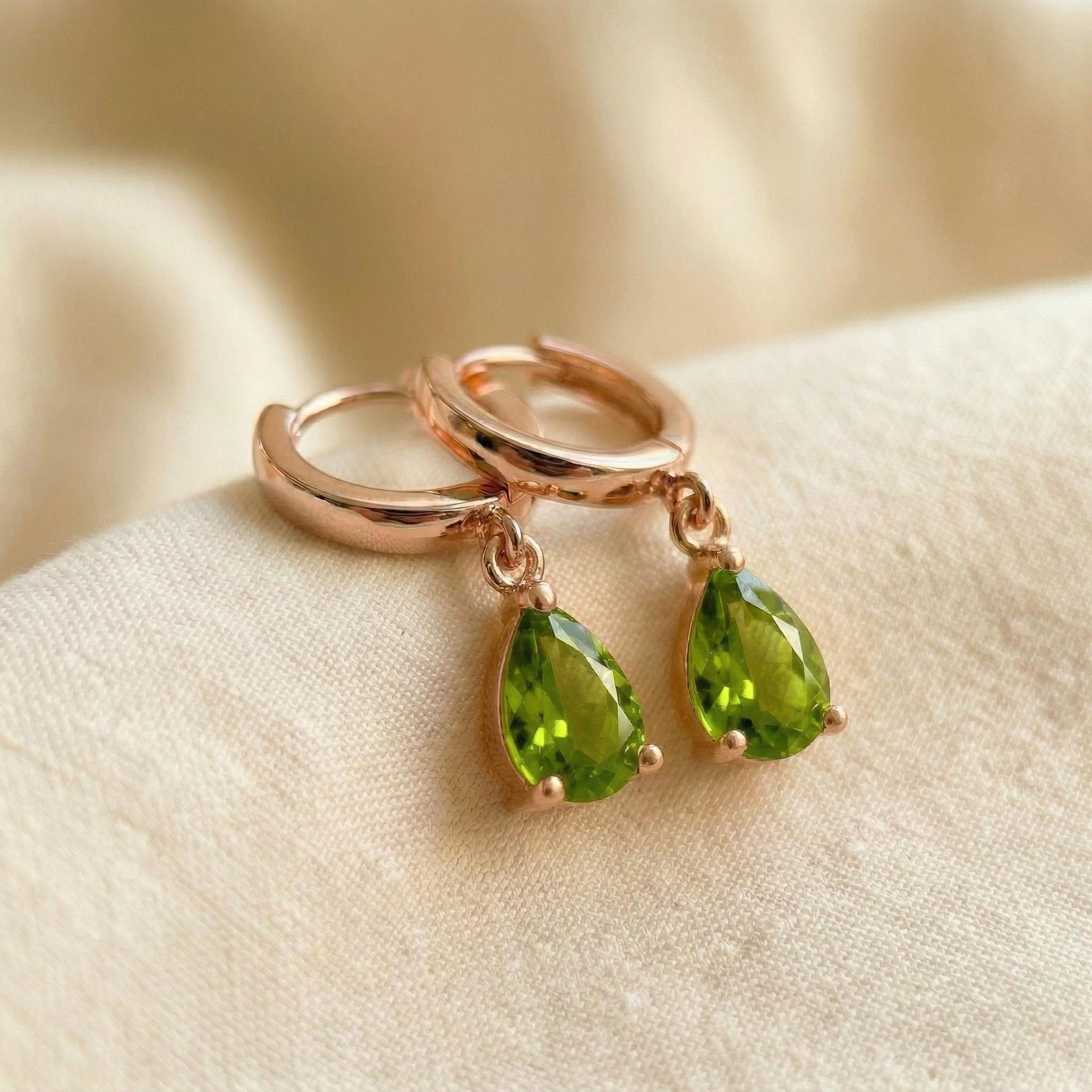 Dainty Rose Gold Peridot Huggie Hoops | August Birthstone Pear Drop Earrings | Elegant Dangle Gemstone Jewelry Gift for Her