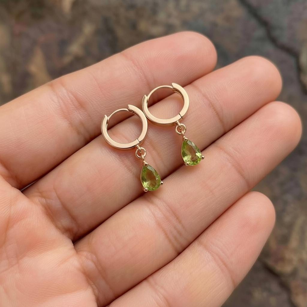 Dainty Rose Gold Peridot Huggie Hoops | August Birthstone Pear Drop Earrings | Elegant Dangle Gemstone Jewelry Gift for Her