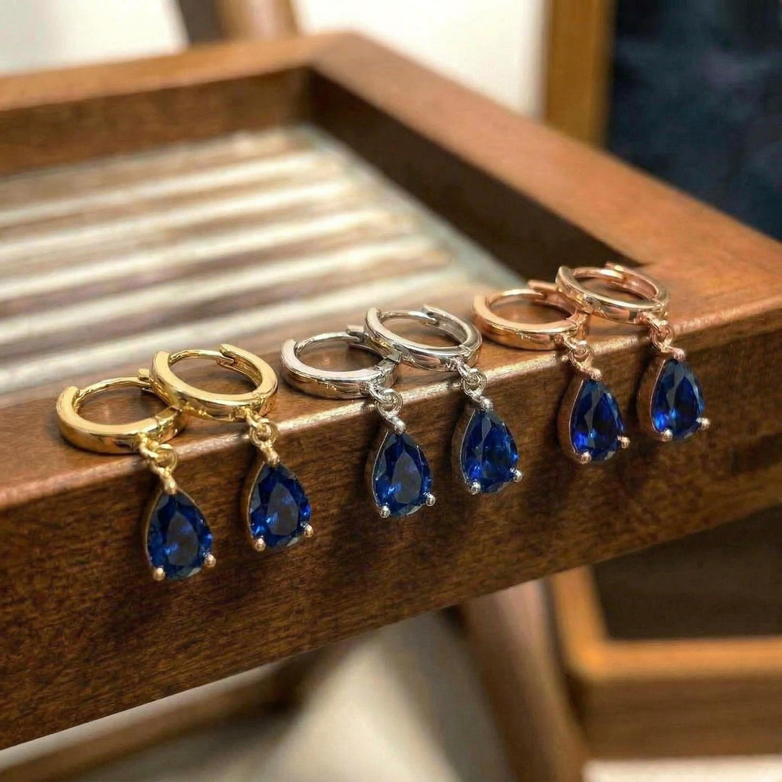 Elegant Blue Sapphire Teardrop Dangle Hoop Earrings | 14K Gold Plated Minimalist September Birthstone Jewelry Gift for Her