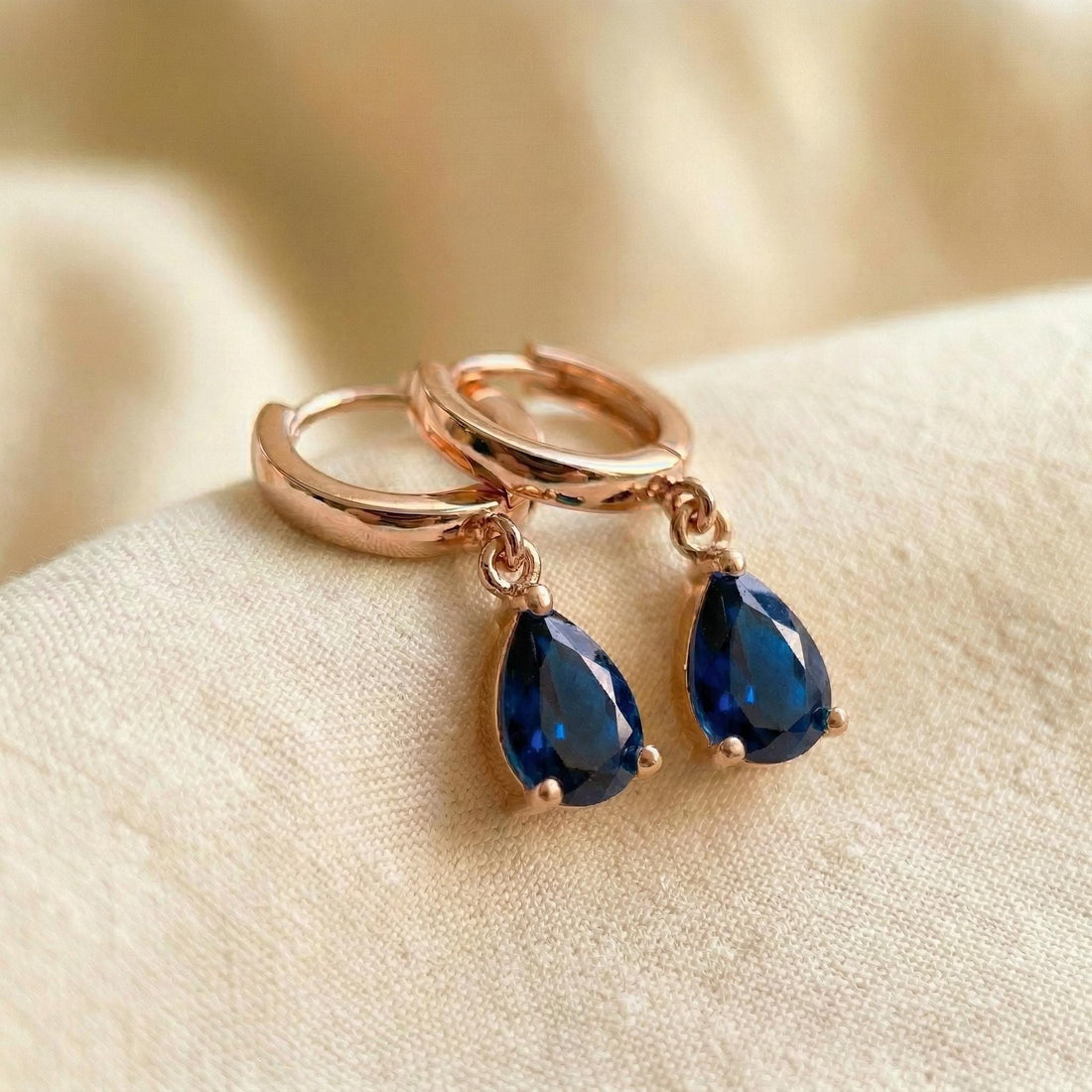 Elegant Blue Sapphire Teardrop Dangle Hoop Earrings | 14K Gold Plated Minimalist September Birthstone Jewelry Gift for Her