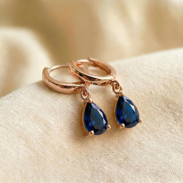 Elegant Blue Sapphire Teardrop Dangle Hoop Earrings | 14K Gold Plated Minimalist September Birthstone Jewelry Gift for Her