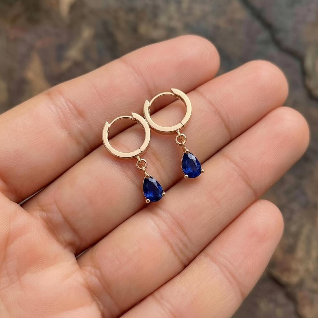 Elegant Blue Sapphire Teardrop Dangle Hoop Earrings | 14K Gold Plated Minimalist September Birthstone Jewelry Gift for Her