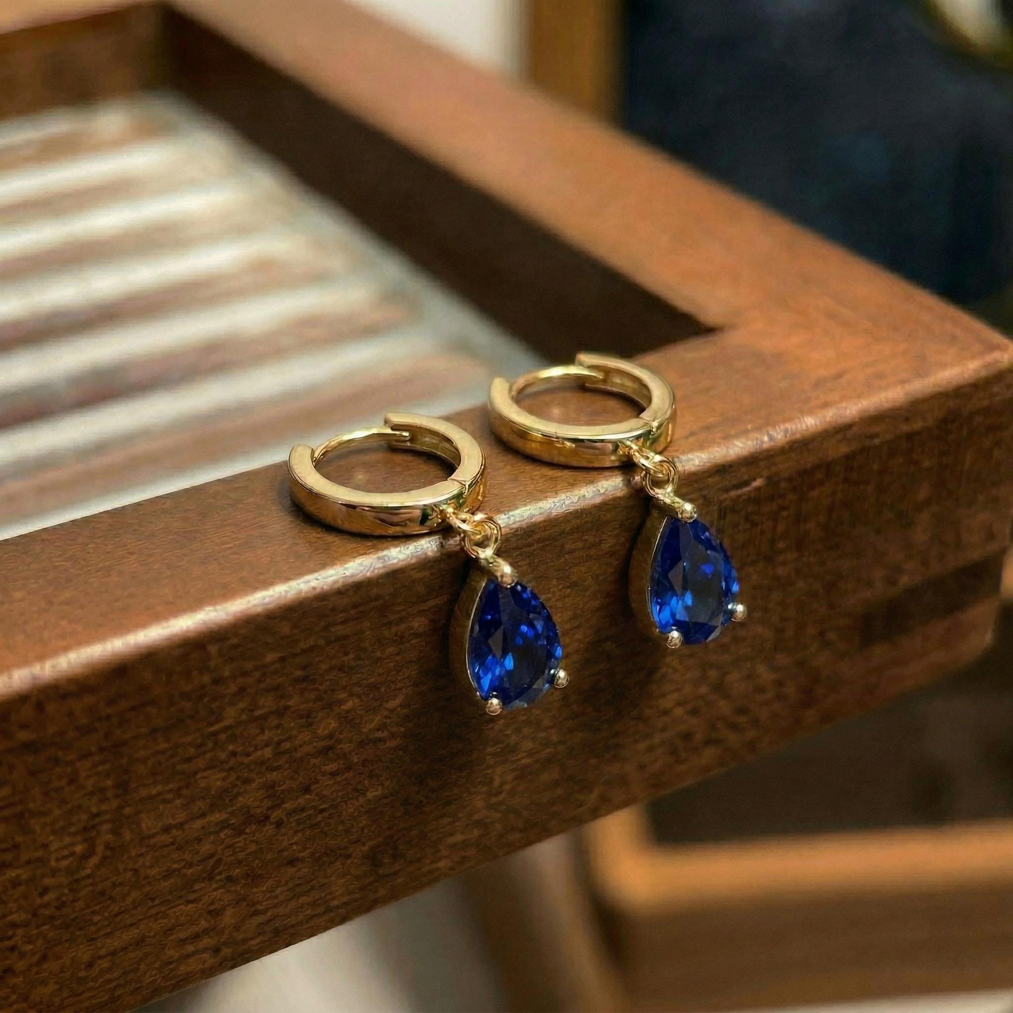 Elegant Blue Sapphire Teardrop Dangle Hoop Earrings | 14K Gold Plated Minimalist September Birthstone Jewelry Gift for Her