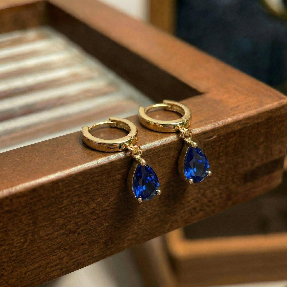 Elegant Blue Sapphire Teardrop Dangle Hoop Earrings | 14K Gold Plated Minimalist September Birthstone Jewelry Gift for Her