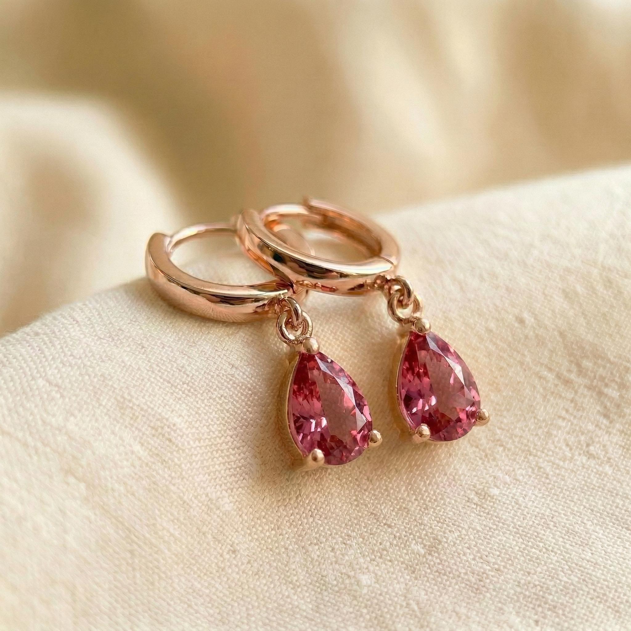 Elegant Rose Gold Pink Tourmaline Dangle Hoop Earrings | Delicate Pear Cut Gemstone Huggie Hoops | Everyday Jewelry Gift for Her