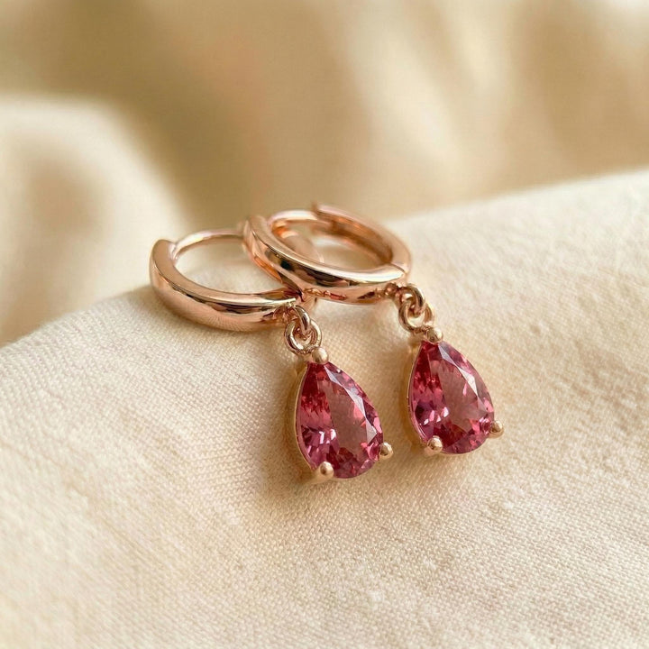 Elegant Rose Gold Pink Tourmaline Dangle Hoop Earrings | Delicate Pear Cut Gemstone Huggie Hoops | Everyday Jewelry Gift for Her