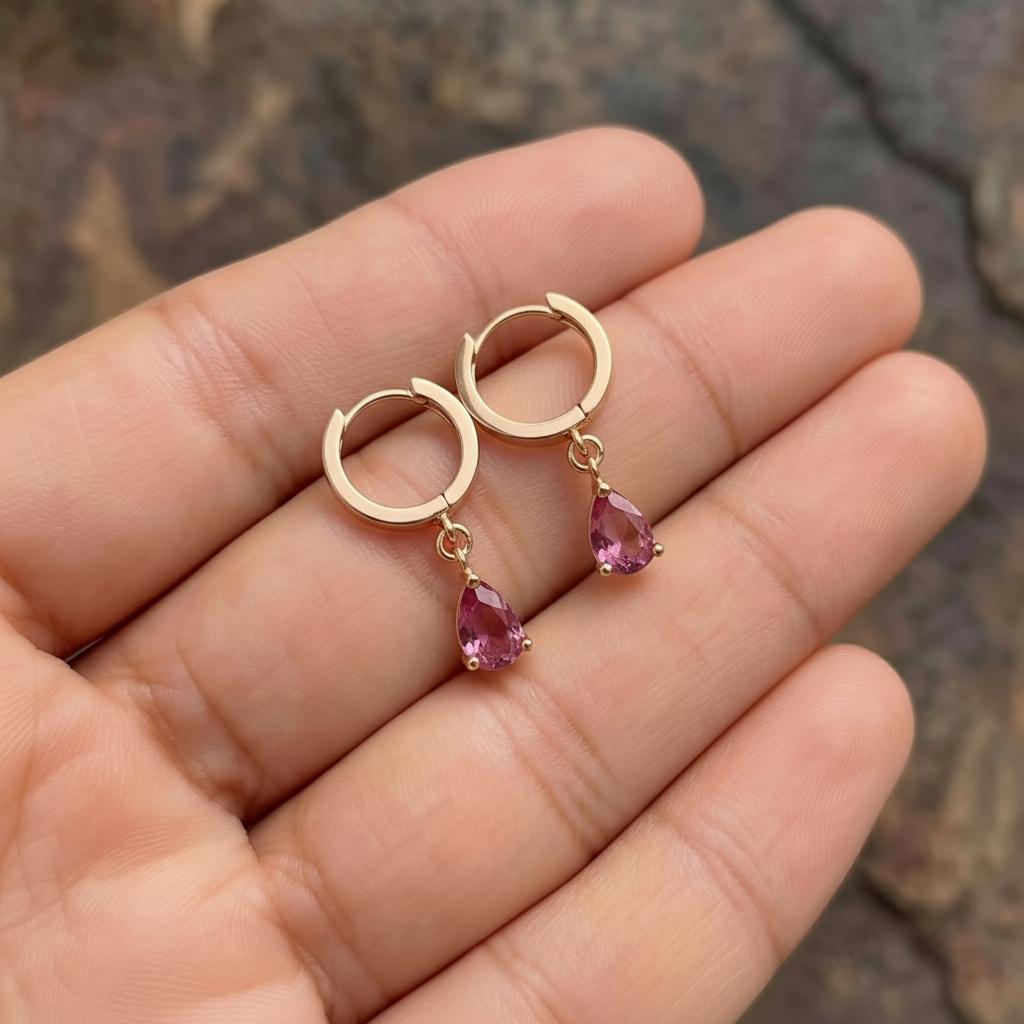Elegant Rose Gold Pink Tourmaline Dangle Hoop Earrings | Delicate Pear Cut Gemstone Huggie Hoops | Everyday Jewelry Gift for Her