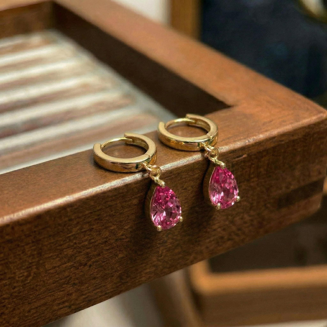 Elegant Rose Gold Pink Tourmaline Dangle Hoop Earrings | Delicate Pear Cut Gemstone Huggie Hoops | Everyday Jewelry Gift for Her