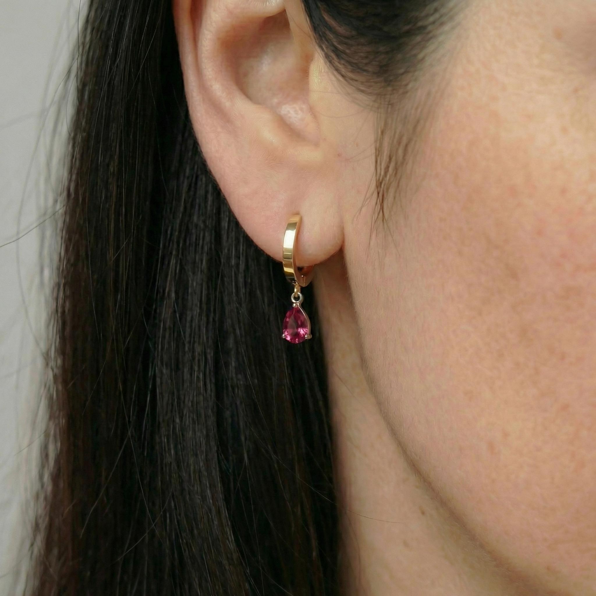 Elegant Rose Gold Pink Tourmaline Dangle Hoop Earrings | Delicate Pear Cut Gemstone Huggie Hoops | Everyday Jewelry Gift for Her