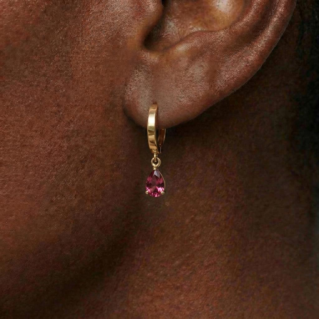 Elegant Rose Gold Pink Tourmaline Dangle Hoop Earrings | Delicate Pear Cut Gemstone Huggie Hoops | Everyday Jewelry Gift for Her